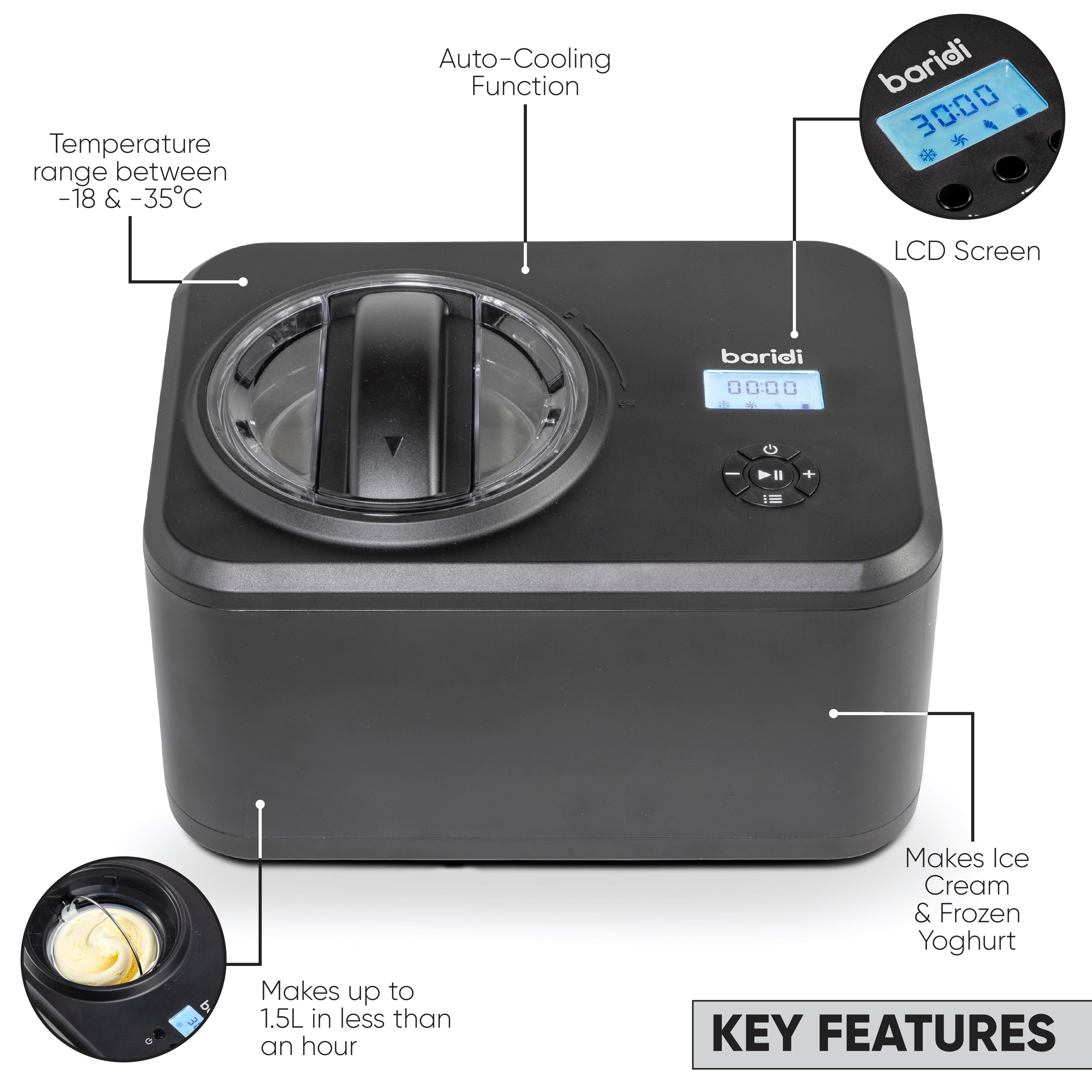 Baridi 1.5L Ice Cream Machine with Fast Freeze Compressor Cooling - DH240