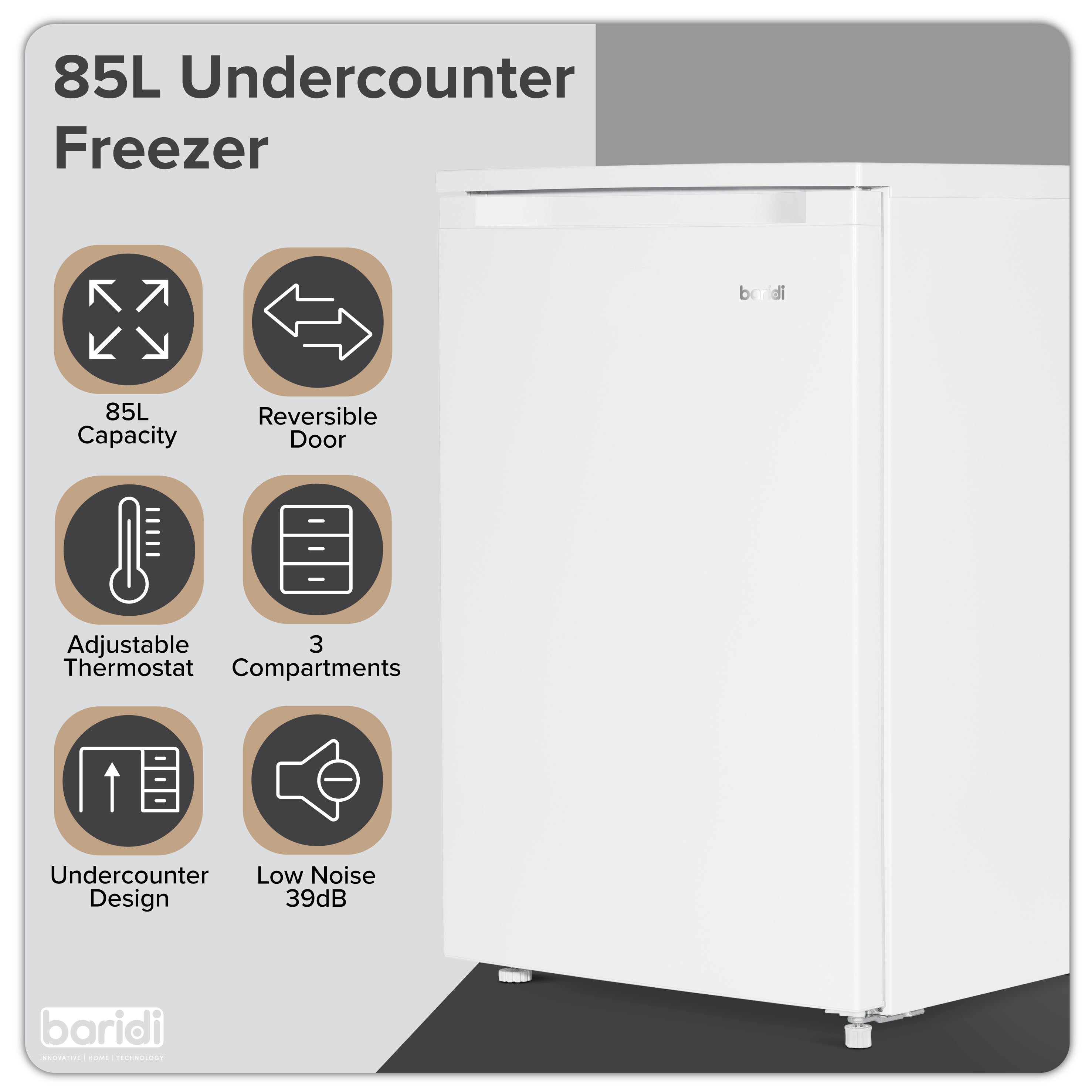 Baridi DH250 Freezer Action shot - infographic - summary