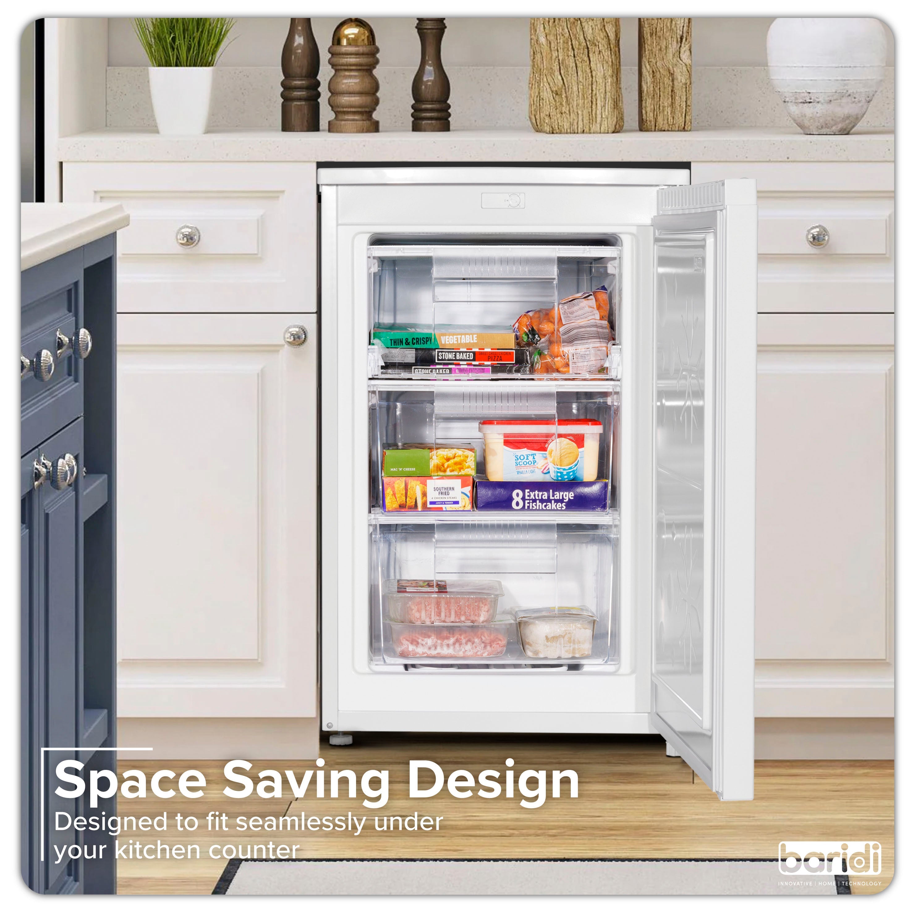 Baridi DH250 Freezer Action shot - lifestyle - infographic