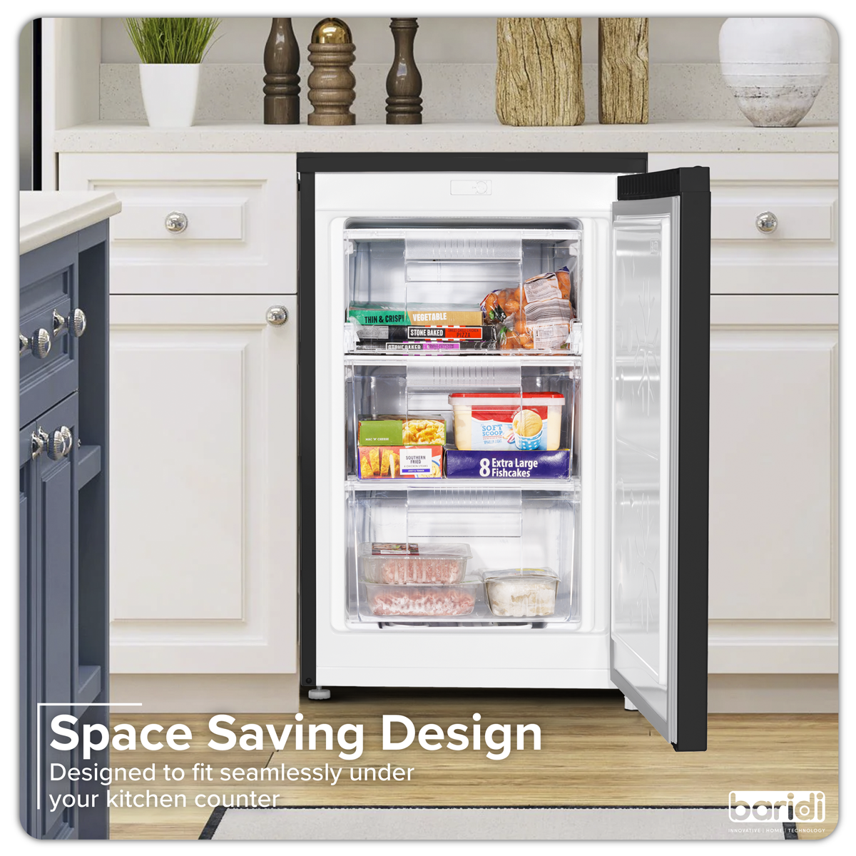 Baridi 55cm Undercounter Freezer with Adjustable Thermostat, 85L, Black - DH251