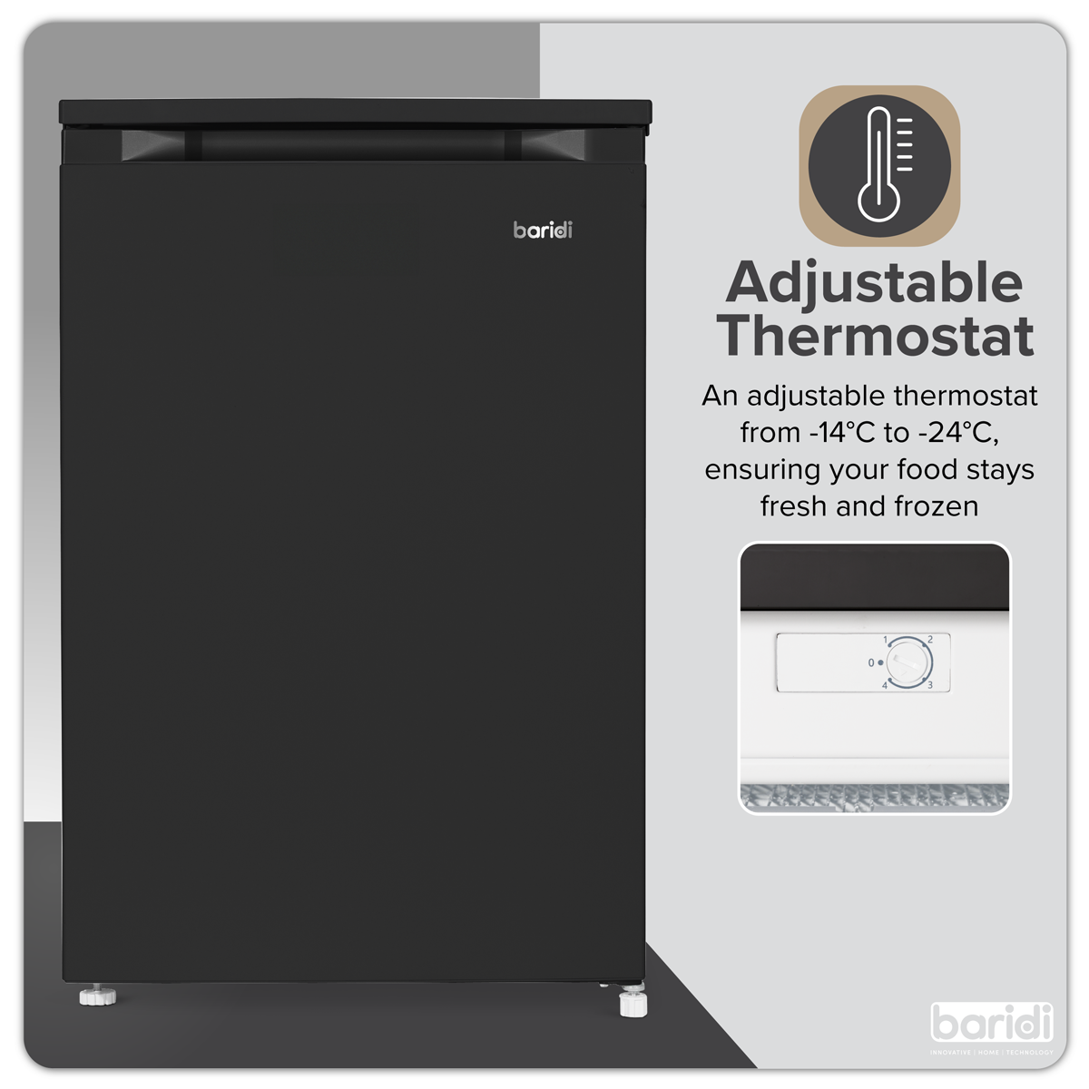 Baridi 55cm Undercounter Freezer with Adjustable Thermostat, 85L, Black - DH251