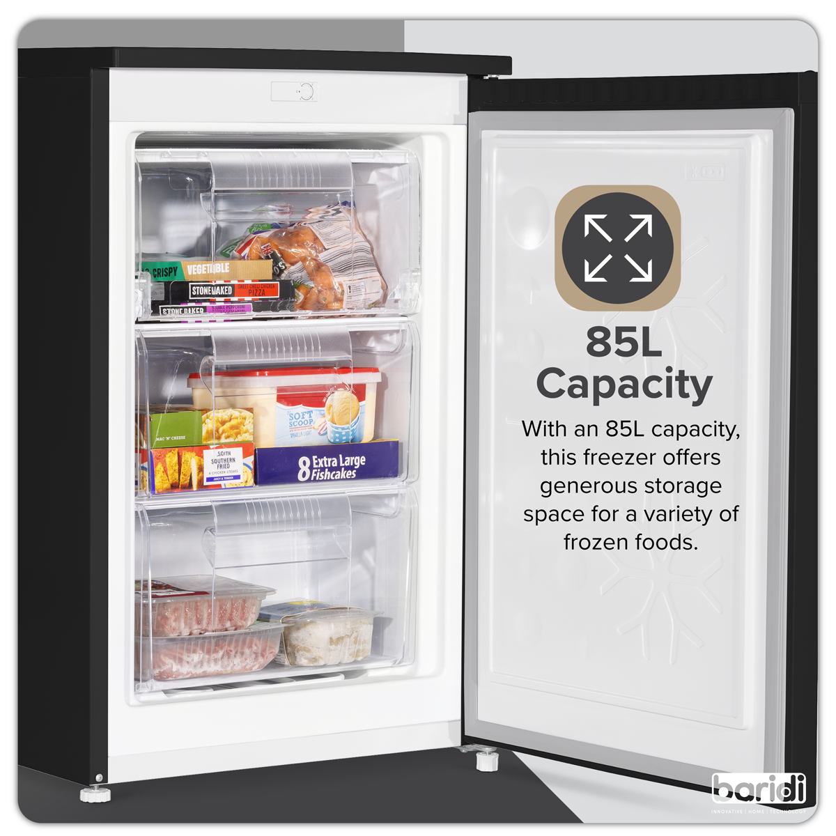Baridi 55cm Undercounter Freezer with Adjustable Thermostat, 85L, Black - DH251
