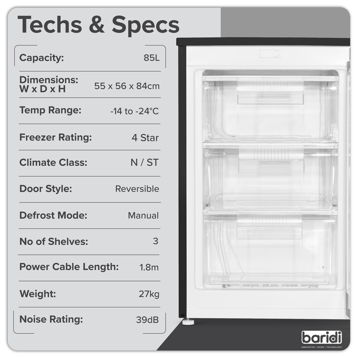 Baridi 55cm Undercounter Freezer with Adjustable Thermostat, 85L, Black - DH251