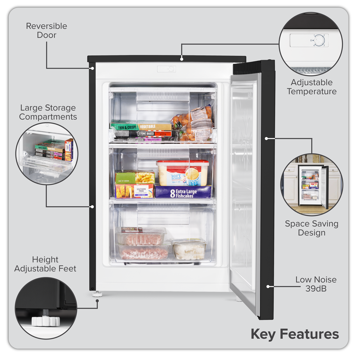 Baridi 55cm Undercounter Freezer with Adjustable Thermostat, 85L, Black - DH251