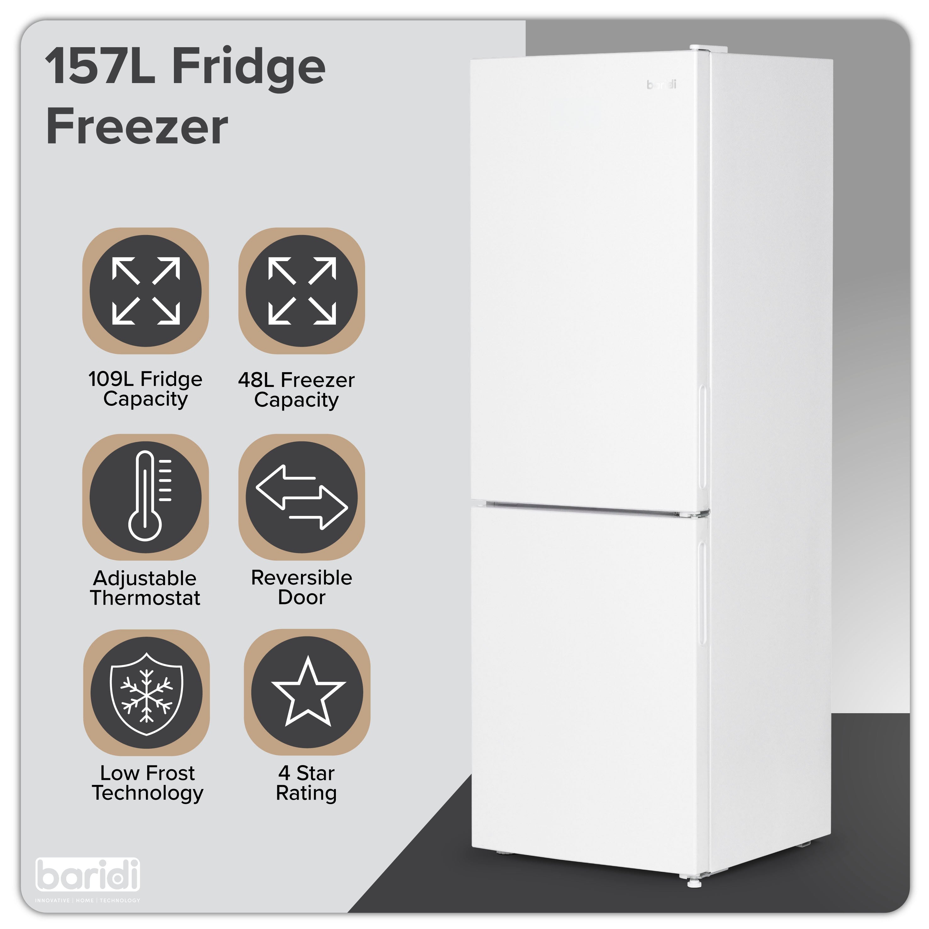 Baridi DH252 Fridge Freezer Action shot - infographic - summary