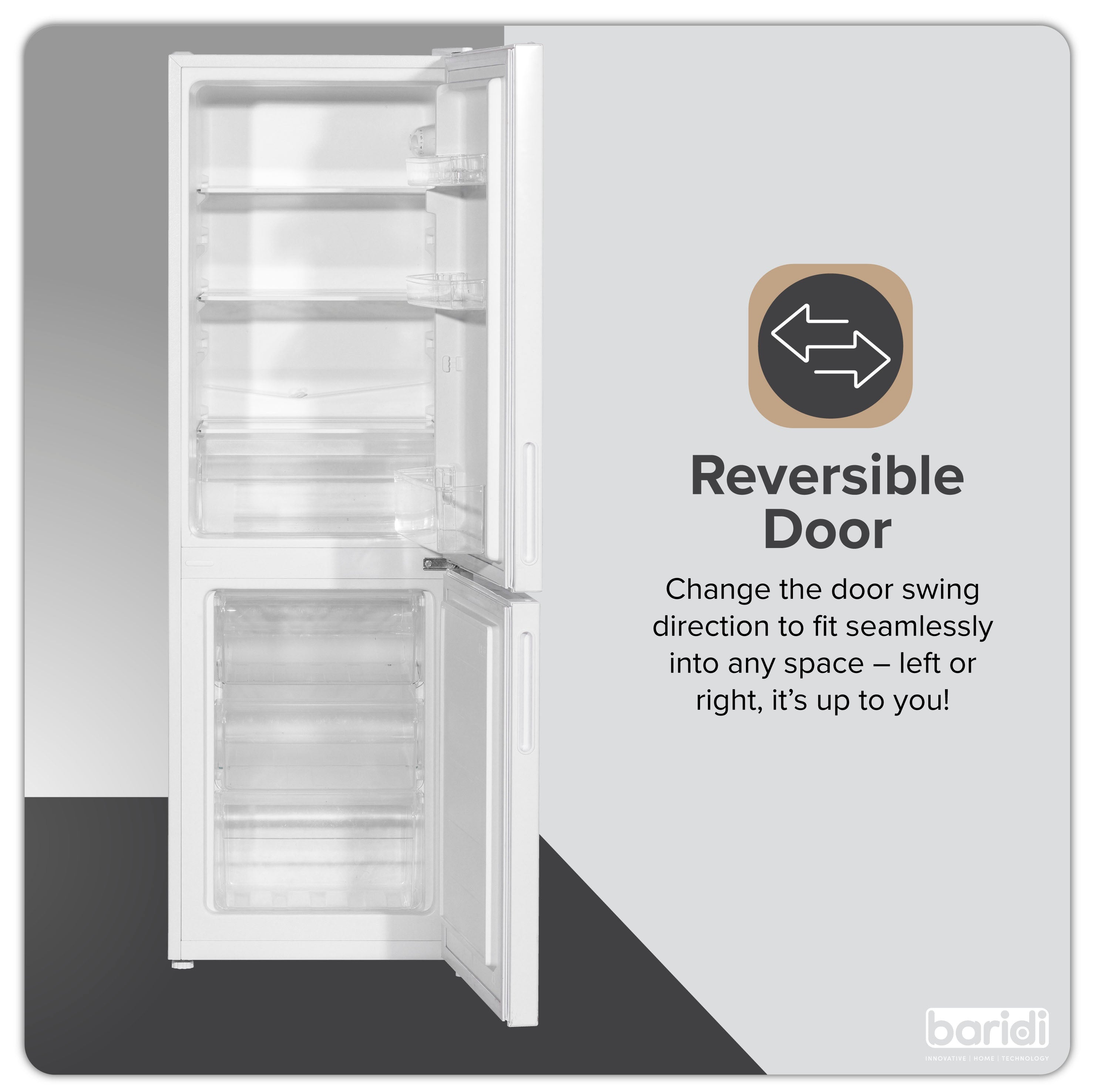 Baridi DH252 Fridge Freezer Action shot - infographic - summary - 3rd perspective
