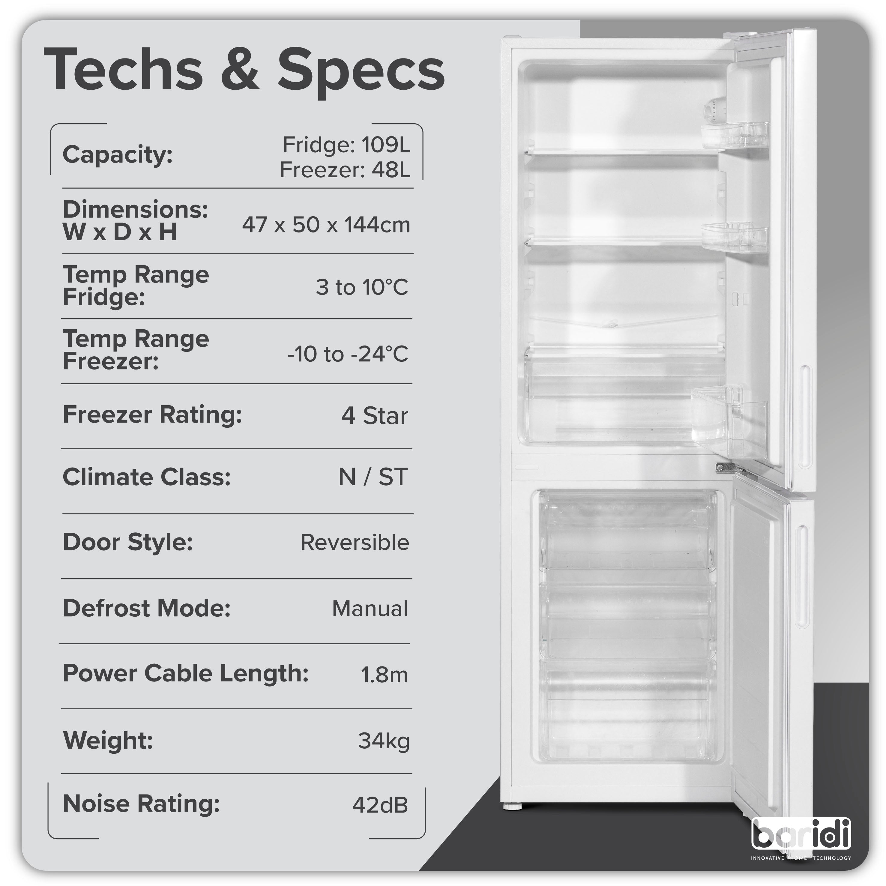 Baridi DH252 Fridge Freezer Action shot - tech - specs