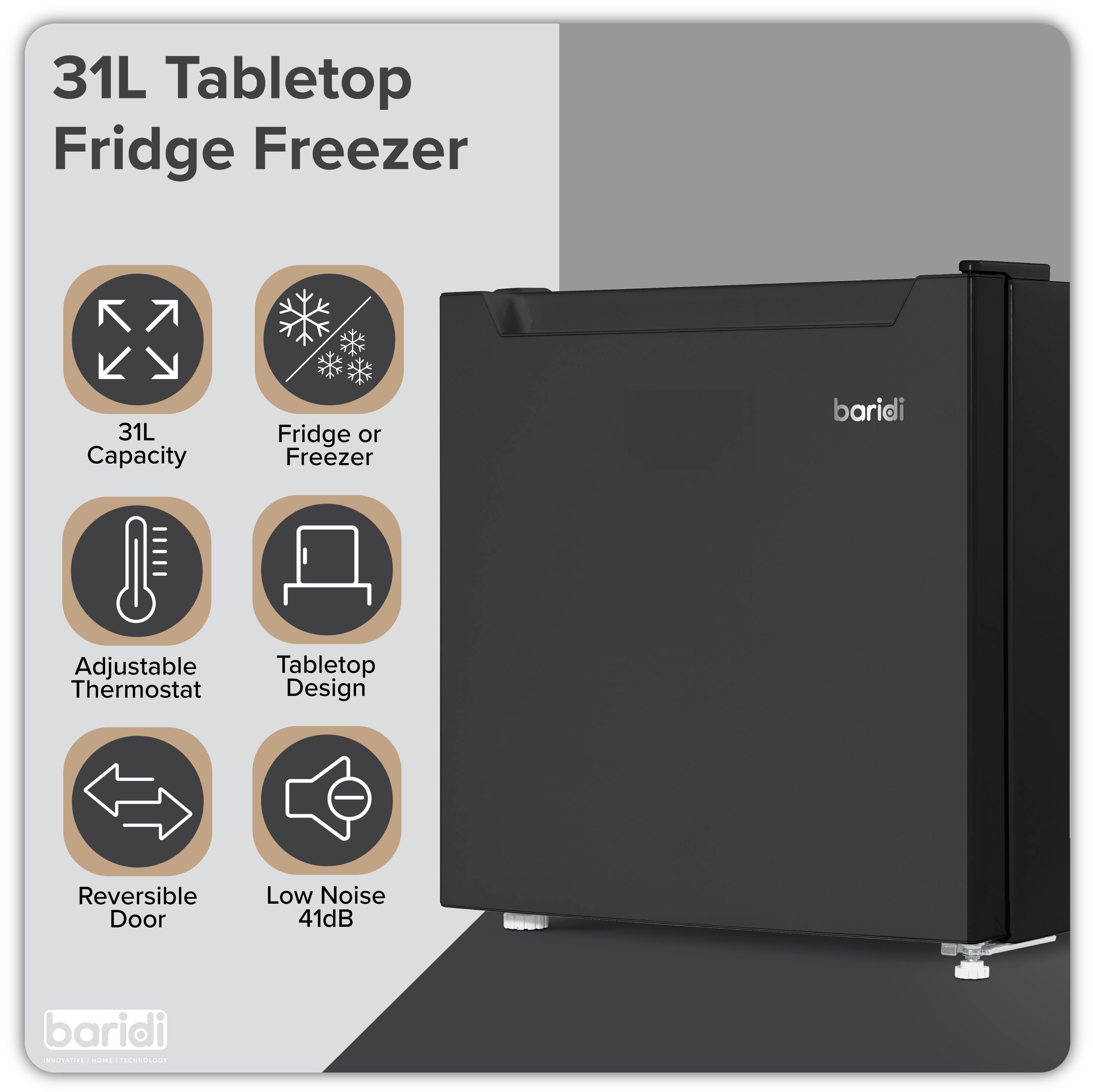 Baridi DH255 Fridge Freezer Action shot - infographic - summary
