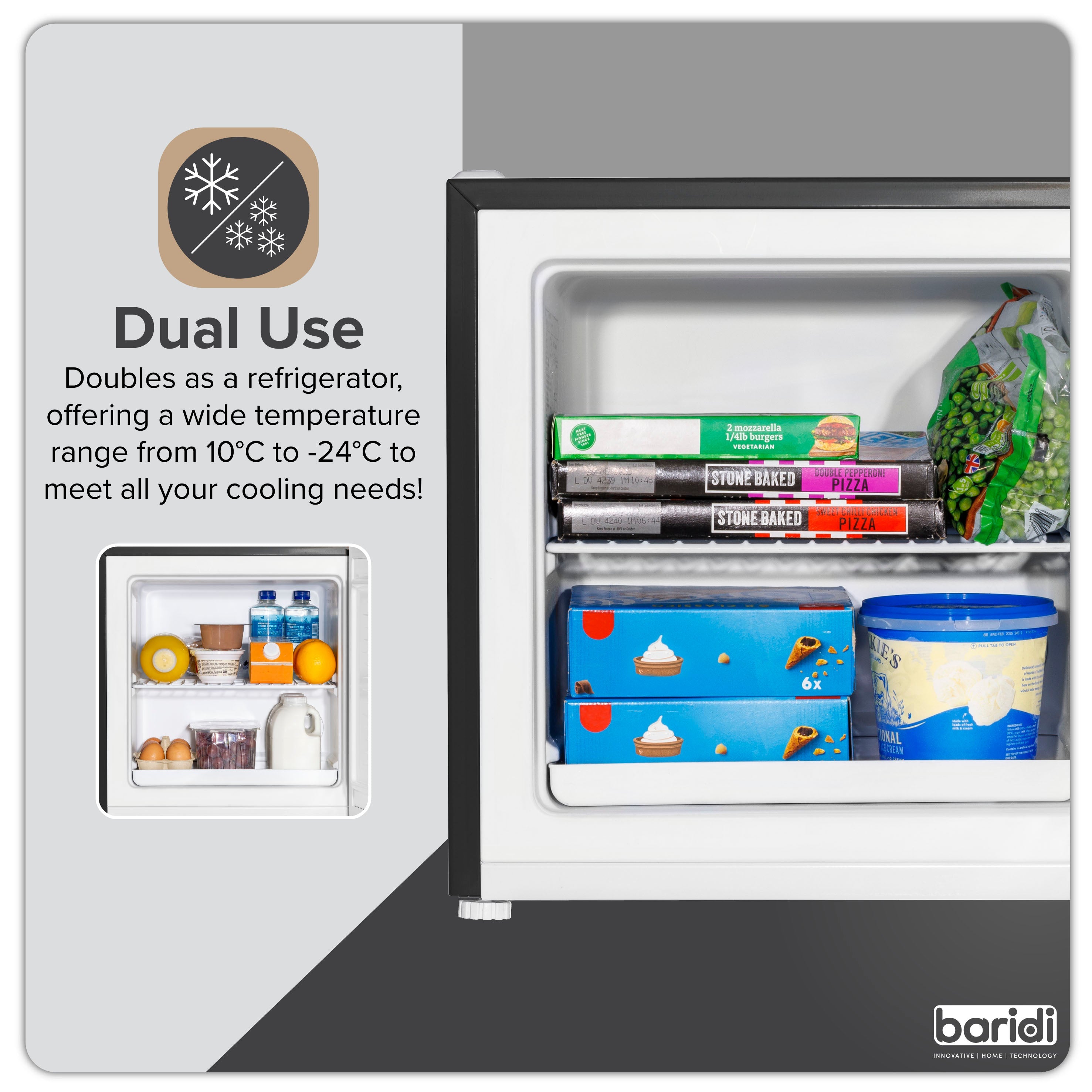 Baridi DH255 Fridge Freezer Action shot - infographic - summary - 5th perspective