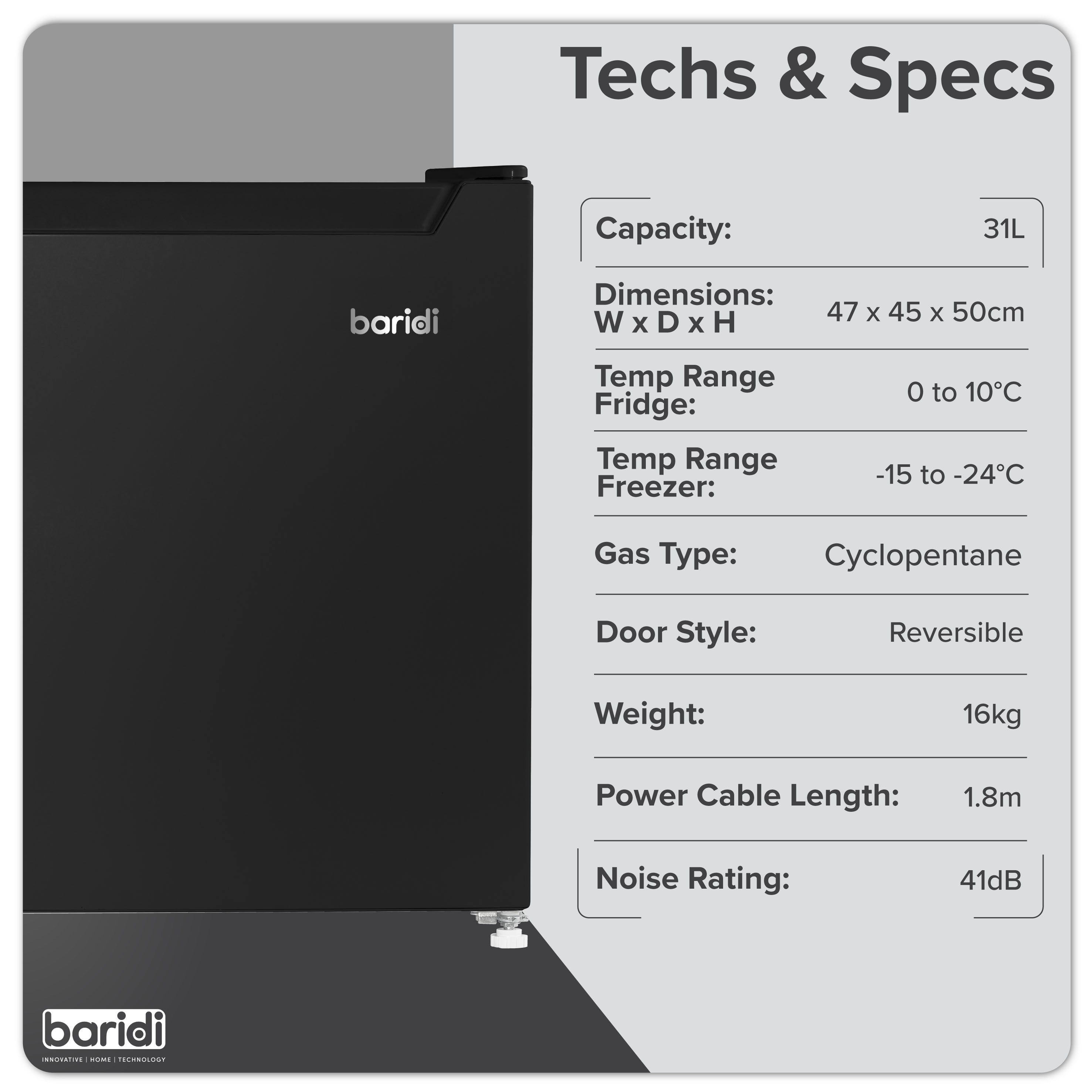 Baridi DH255 Fridge Freezer Action shot - tech - specs