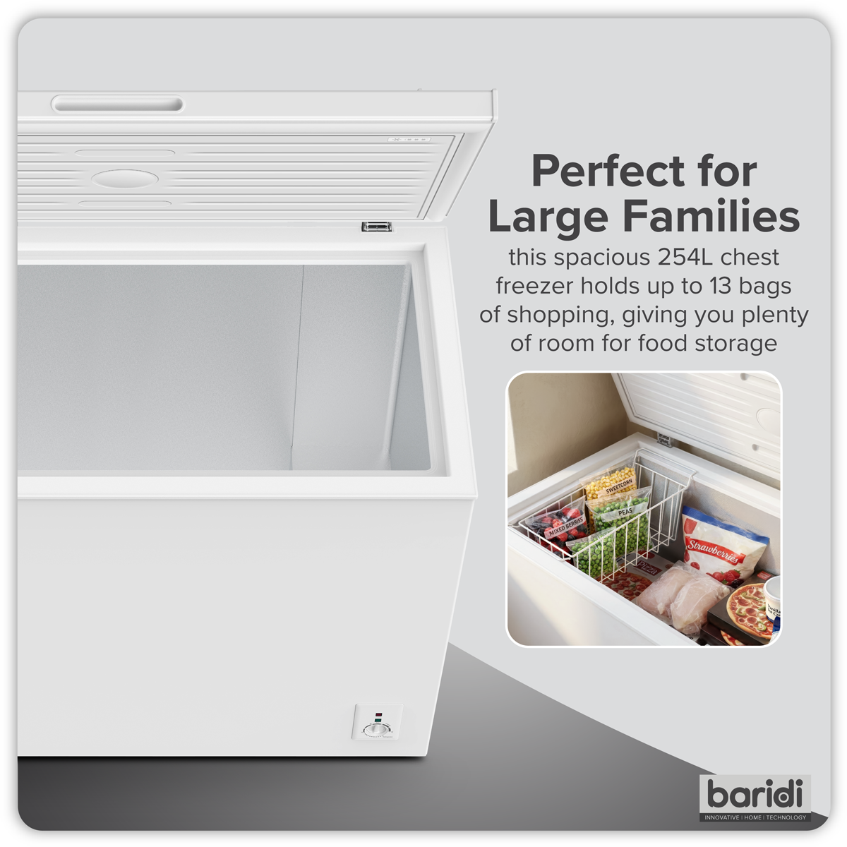 Baridi 254L Freestanding Chest Freezer with Adjustable Thermostat - White - DH258