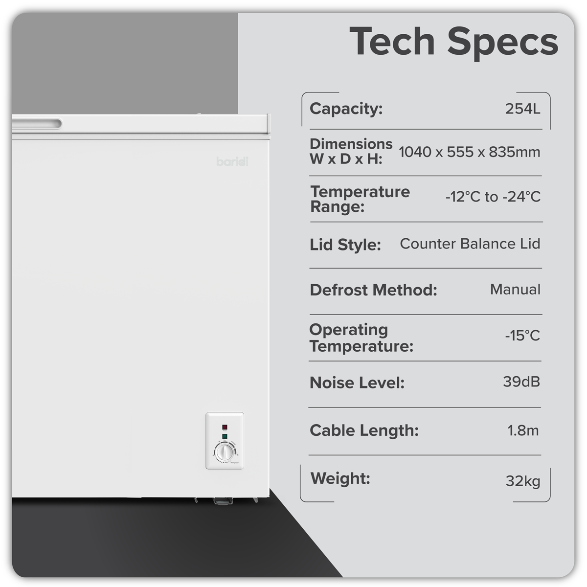 Baridi 254L Freestanding Chest Freezer with Adjustable Thermostat - White - DH258