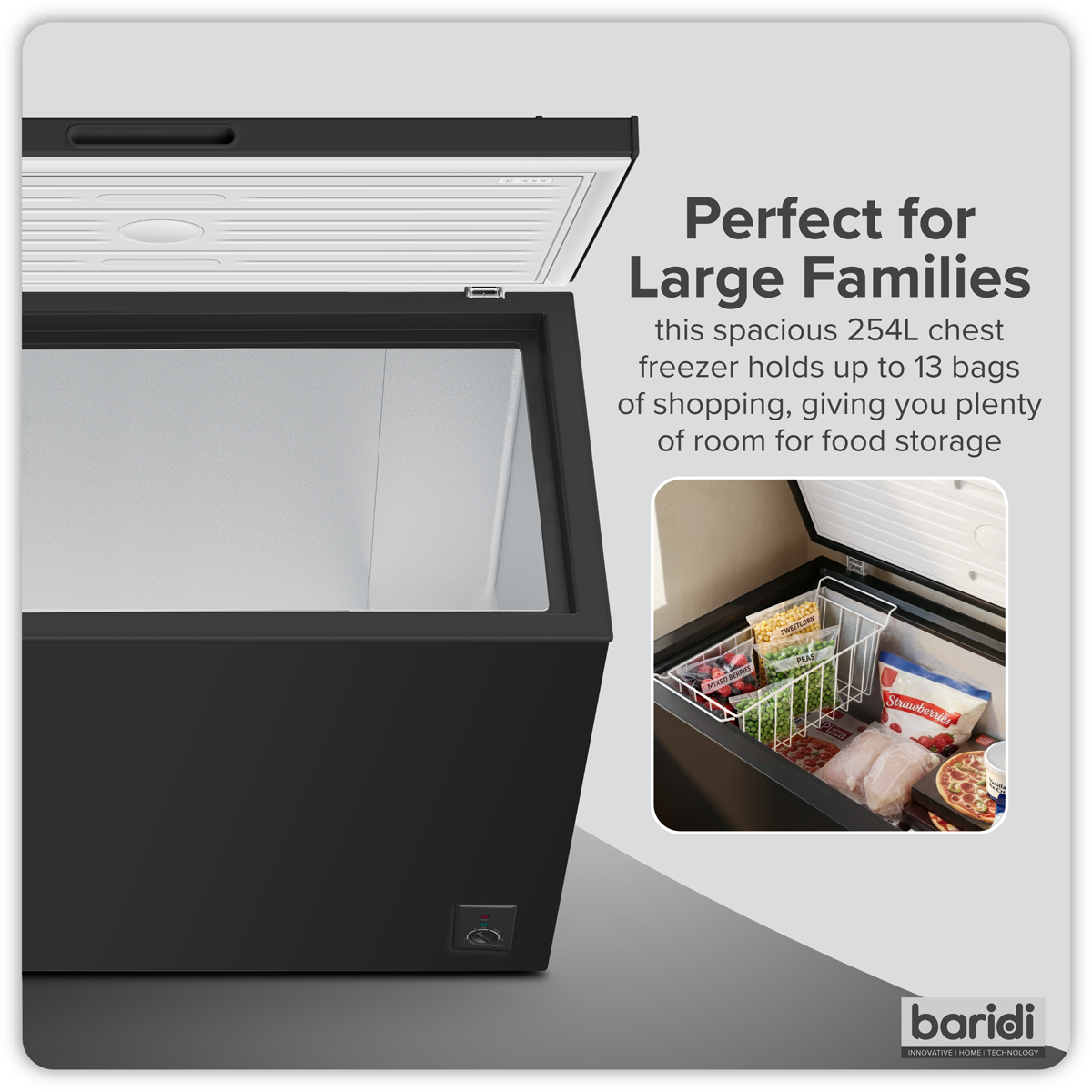 Baridi 254L Freestanding Chest Freezer with Adjustable Thermostat - Black- DH259