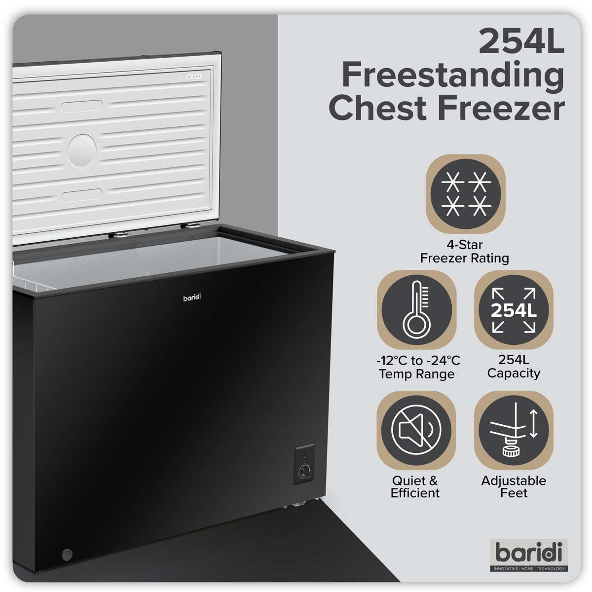 Baridi 254L Freestanding Chest Freezer with Adjustable Thermostat - Black- DH259