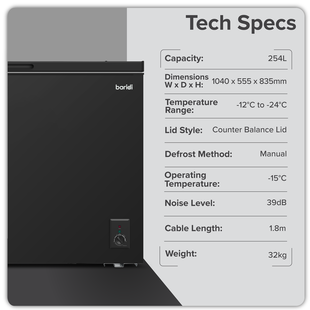 Baridi 254L Freestanding Chest Freezer with Adjustable Thermostat - Black- DH259