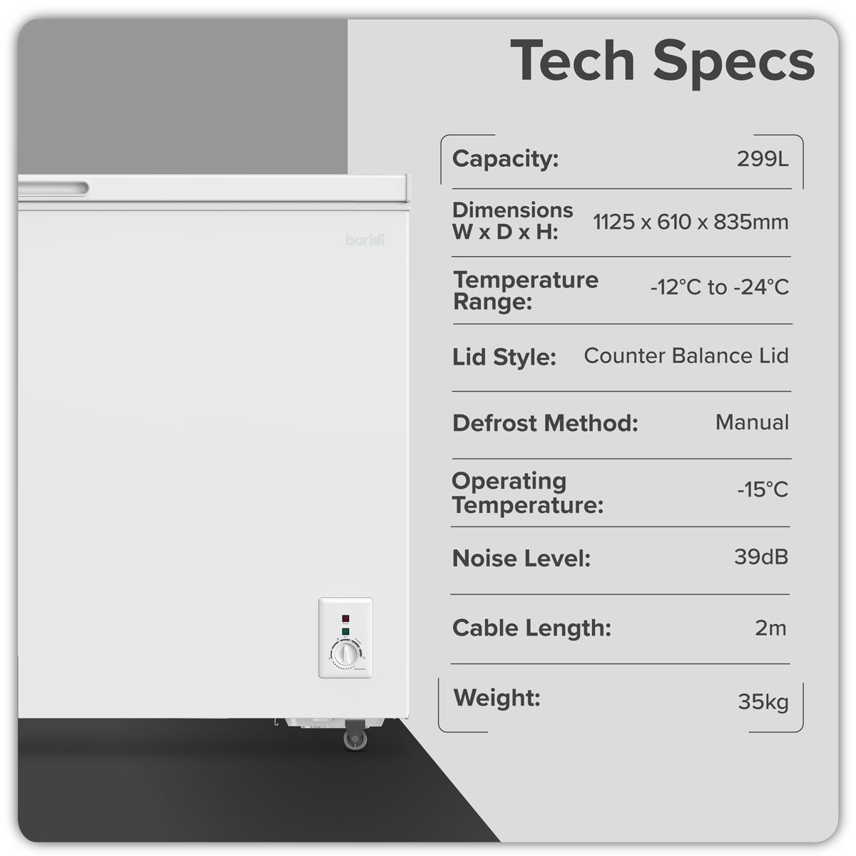 Baridi 299L Freestanding Chest Freezer with Adjustable Thermostat - White - DH260