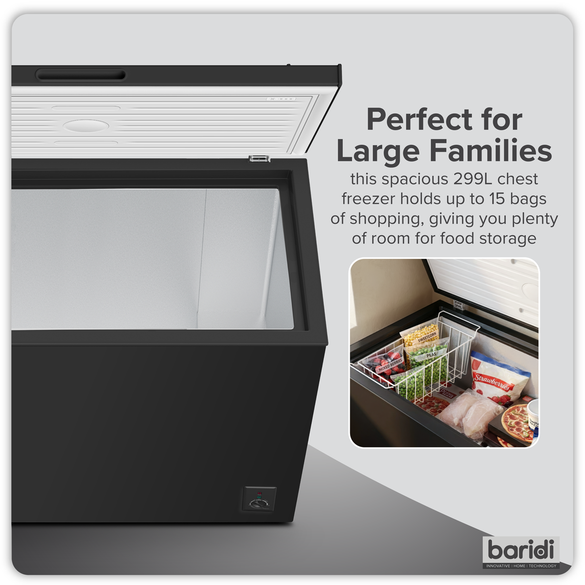 Baridi 299L Freestanding Chest Freezer with Adjustable Thermostat - Black - DH261