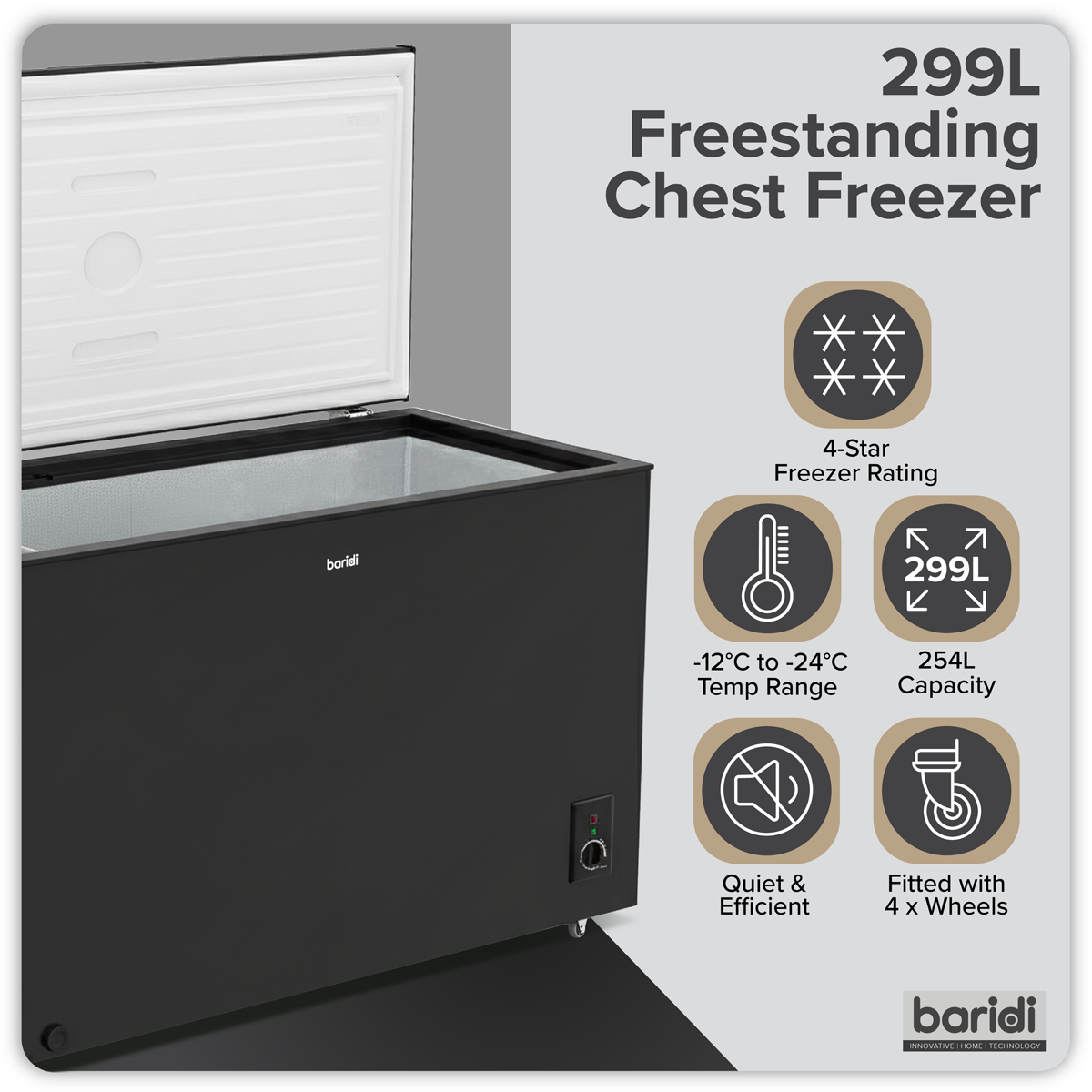 Baridi 299L Freestanding Chest Freezer with Adjustable Thermostat - Black - DH261