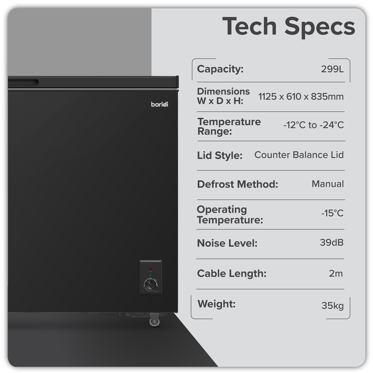 Baridi 299L Freestanding Chest Freezer with Adjustable Thermostat - Black - DH261