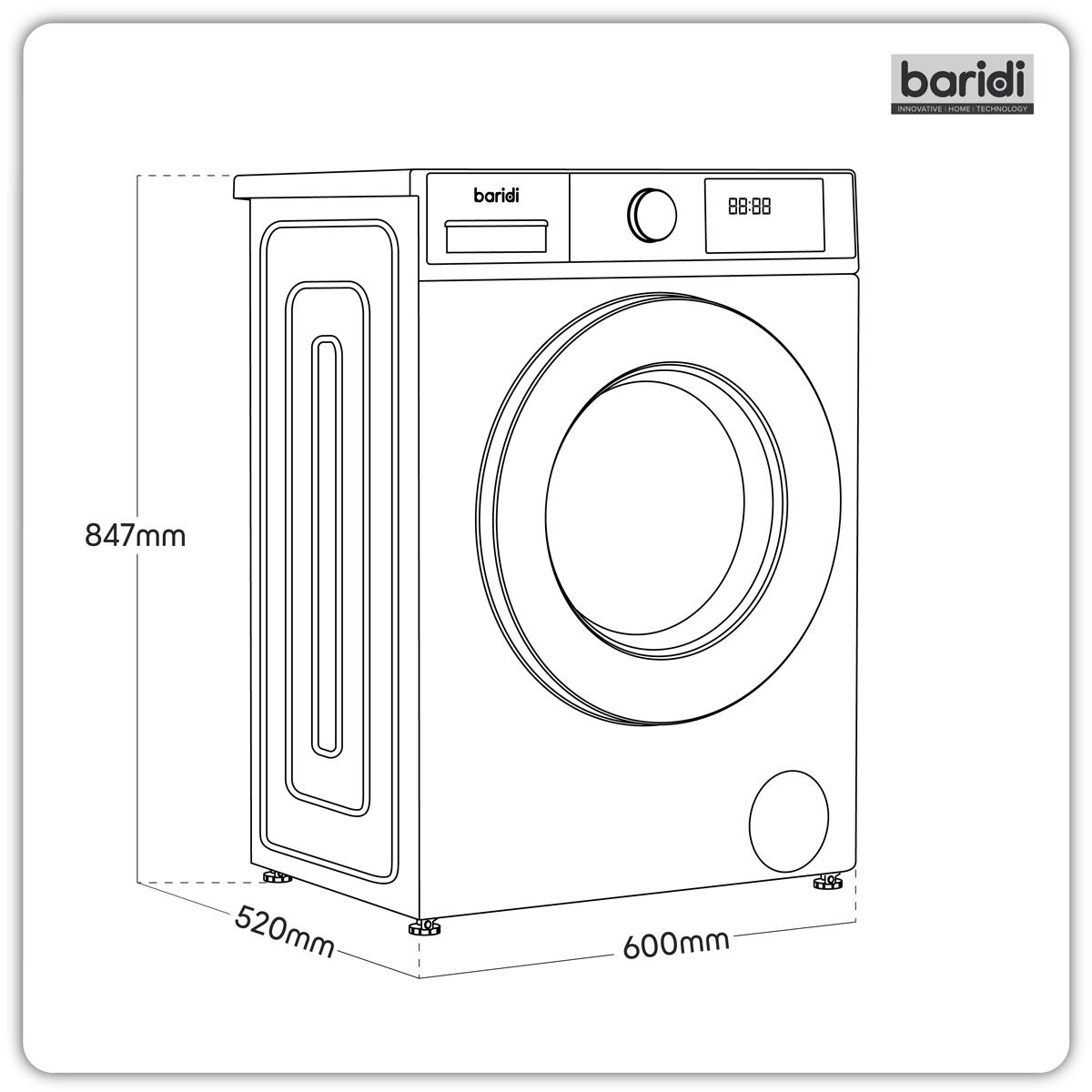 Baridi 8kg Washing Machine, Front Loading, 1400rpm, 15 Programmes, BLDC Motor, White/Black – DH262