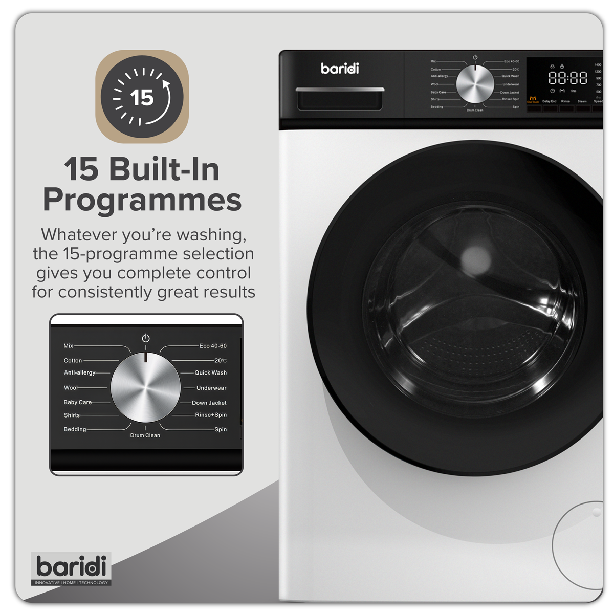 Baridi 8kg Washing Machine, Front Loading, 1400rpm, 15 Programmes, BLDC Motor, White/Black – DH262