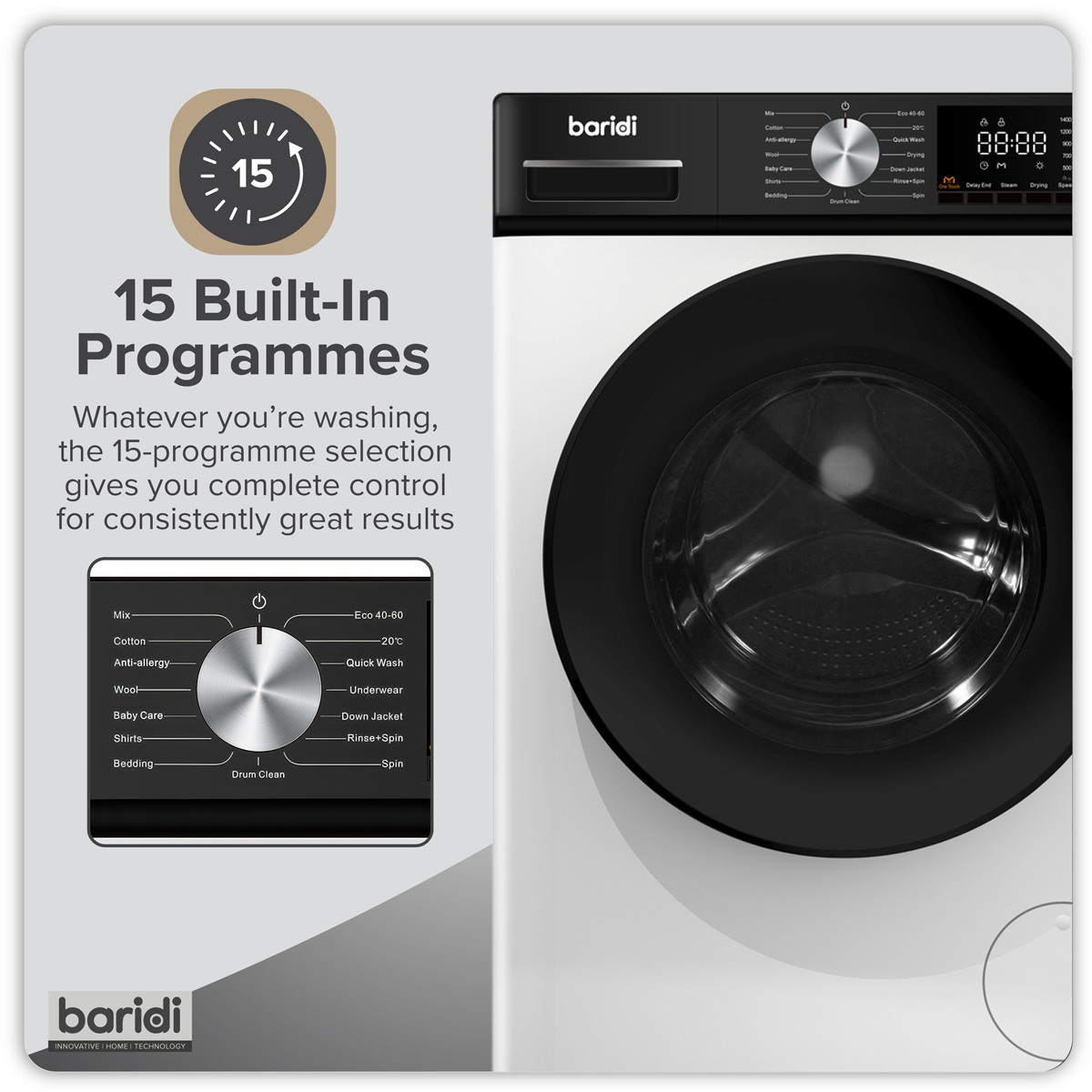 Baridi 8kg Washing Machine, Front Loading, 1400rpm, 15 Programmes, BLDC Motor, White/Black – DH262