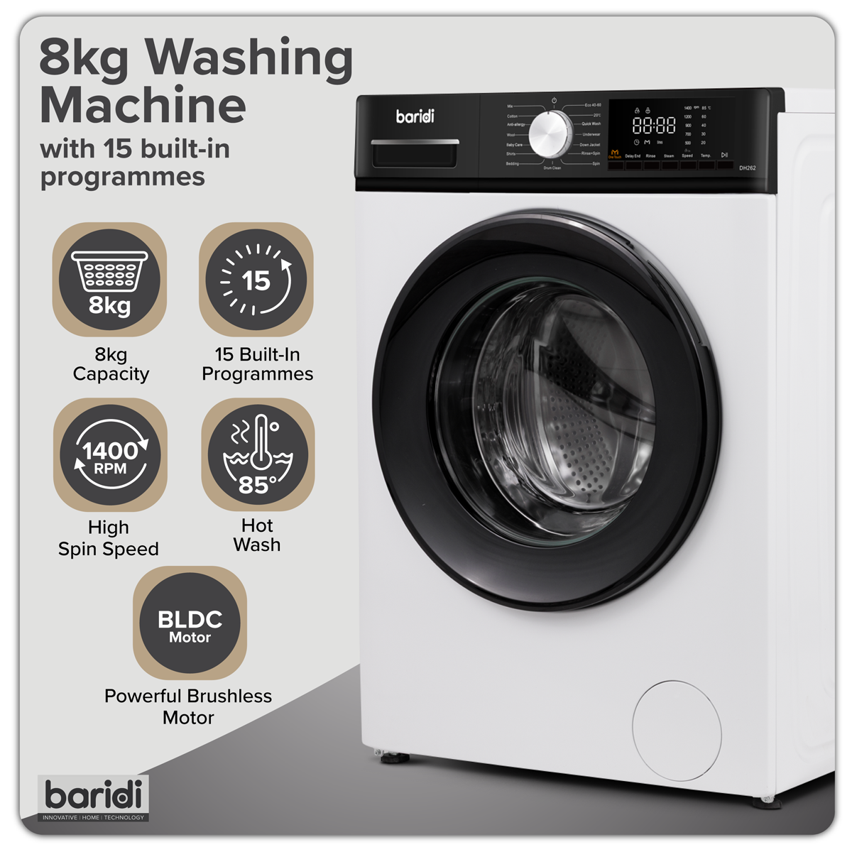 Baridi 8kg Washing Machine, Front Loading, 1400rpm, 15 Programmes, BLDC Motor, White/Black – DH262
