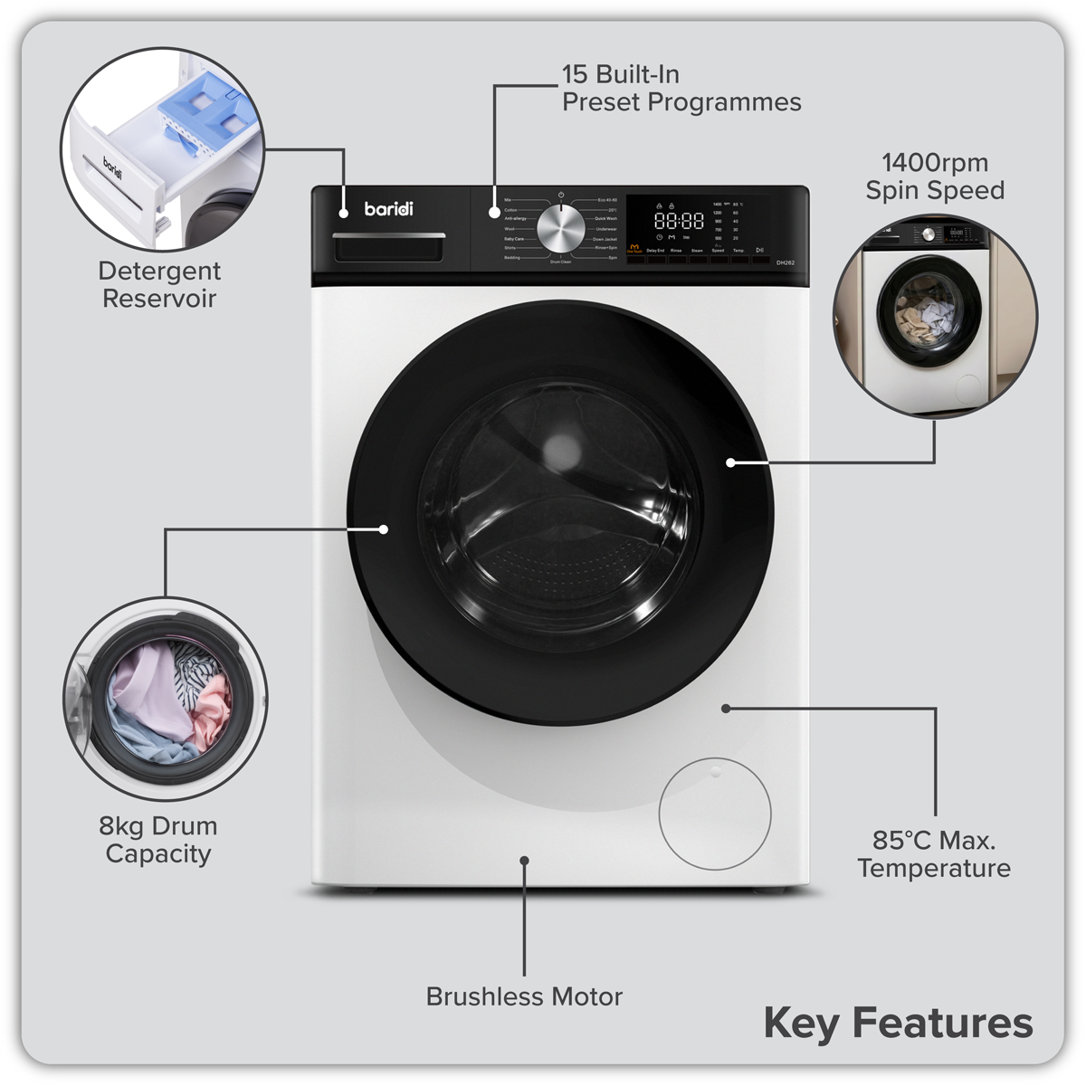Baridi 8kg Washing Machine, Front Loading, 1400rpm, 15 Programmes, BLDC Motor, White/Black – DH262