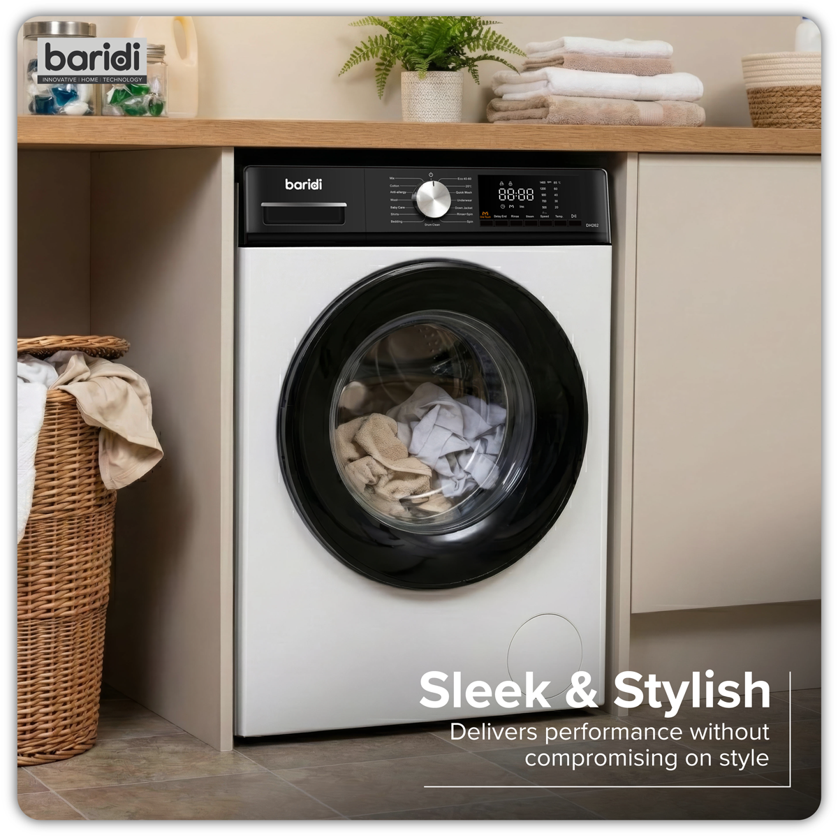 Baridi 8kg Washing Machine, Front Loading, 1400rpm, 15 Programmes, BLDC Motor, White/Black – DH262