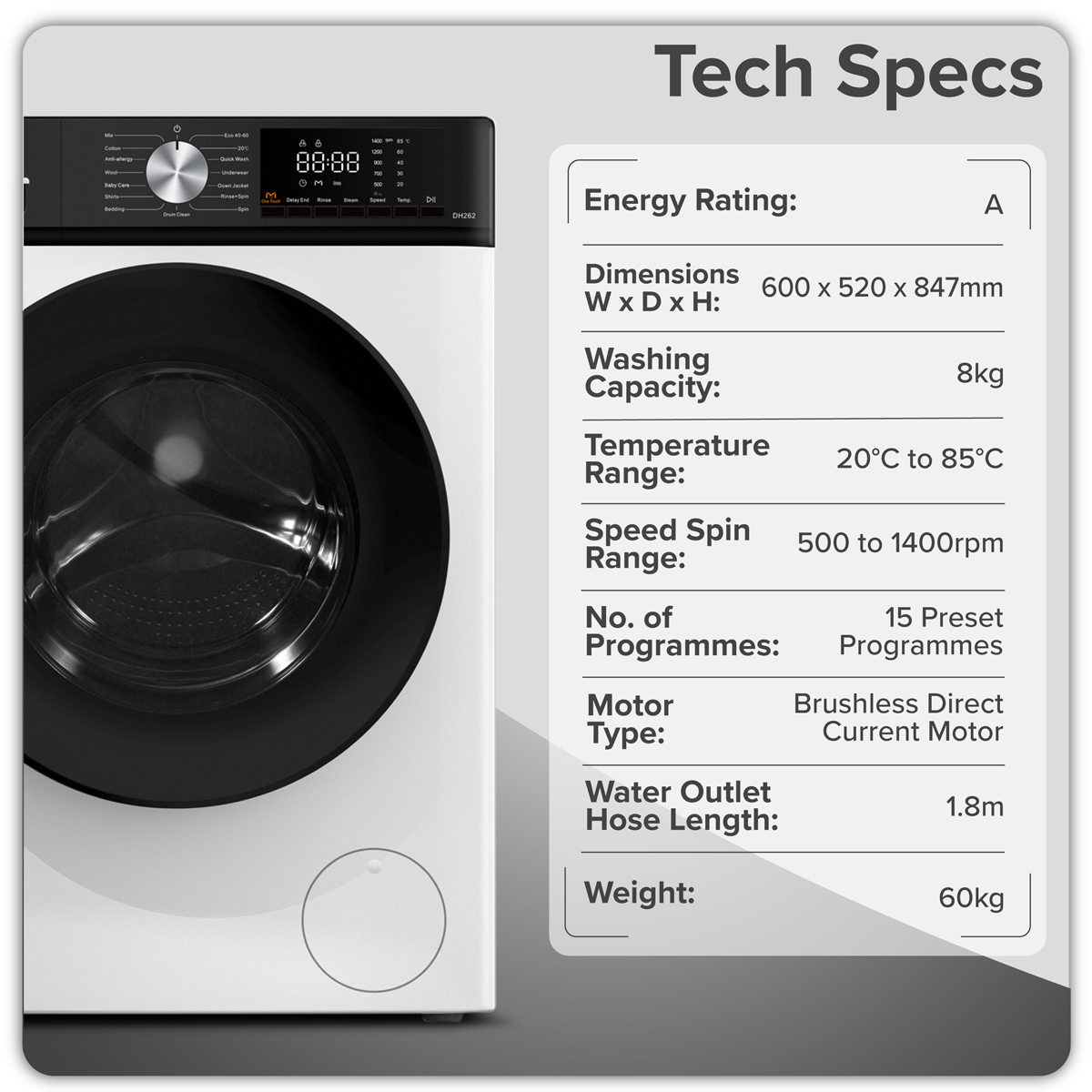 Baridi 8kg Washing Machine, Front Loading, 1400rpm, 15 Programmes, BLDC Motor, White/Black – DH262