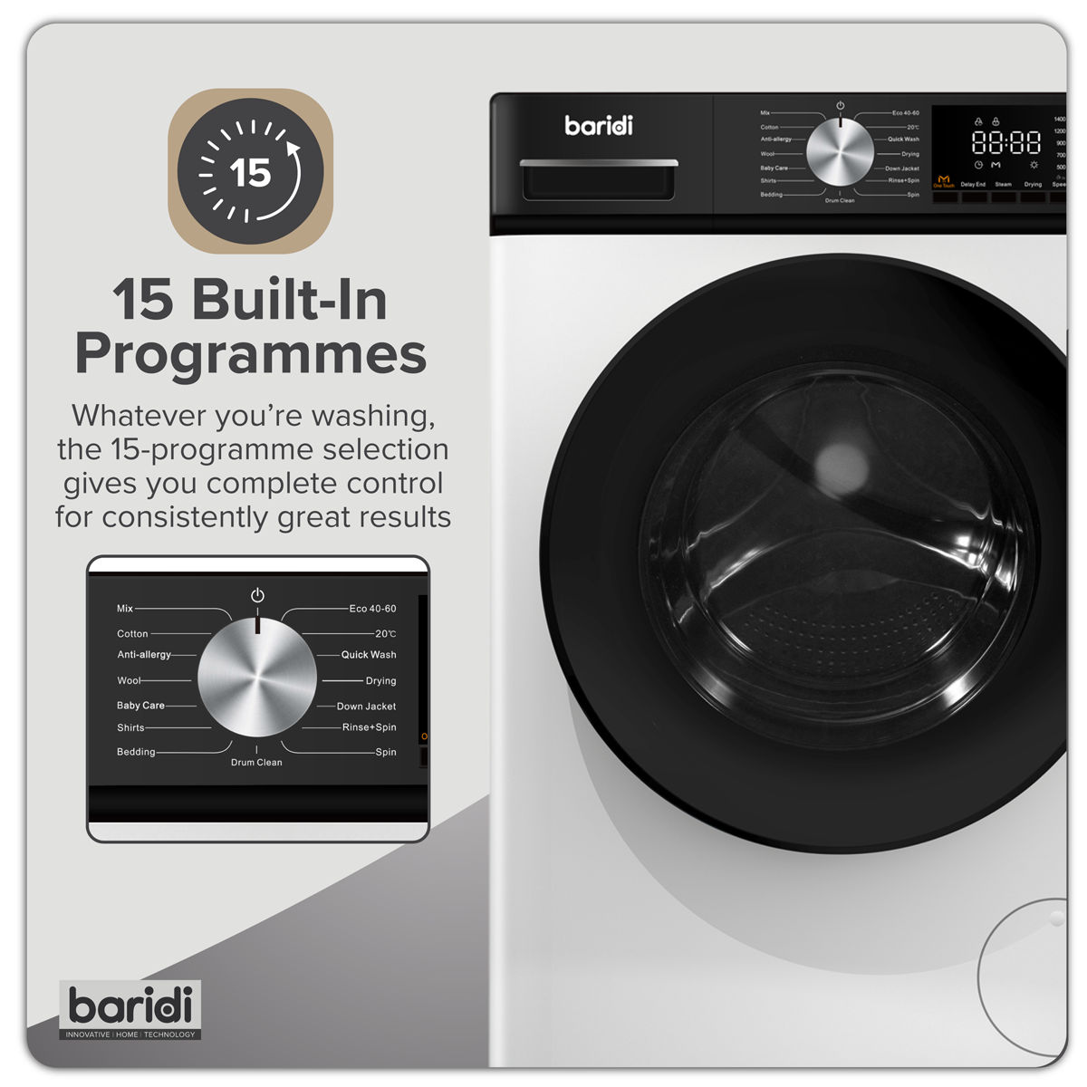 Baridi 8/5kg Washer Dryer, Front Loading, 1400rpm, 15 Programmes, BLDC Motor, White/Black – DH263