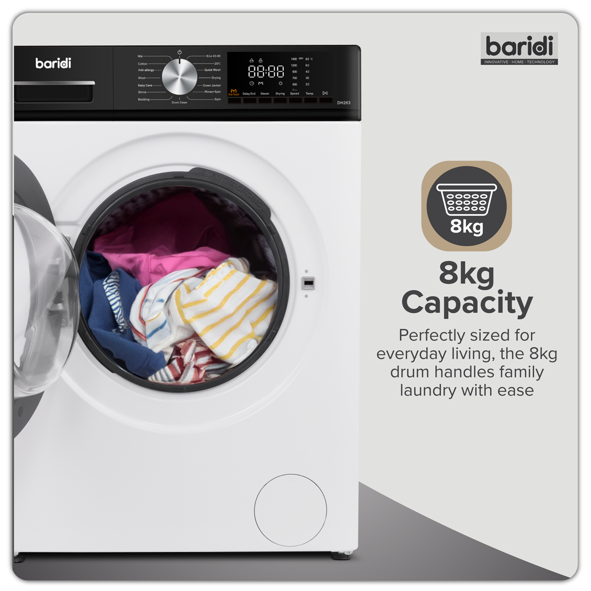 Baridi 8/5kg Washer Dryer, Front Loading, 1400rpm, 15 Programmes, BLDC Motor, White/Black – DH263
