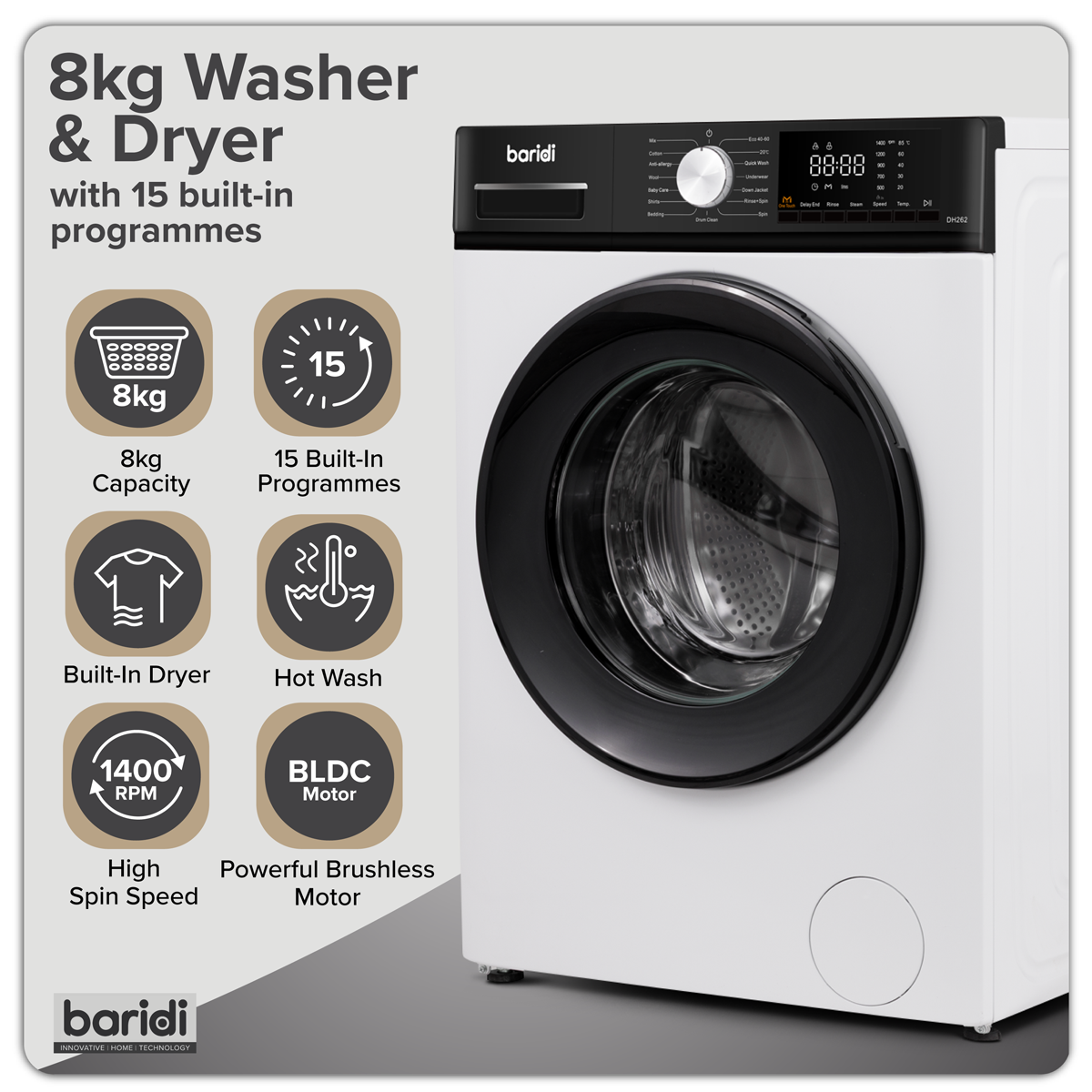 Baridi 8/5kg Washer Dryer, Front Loading, 1400rpm, 15 Programmes, BLDC Motor, White/Black – DH263