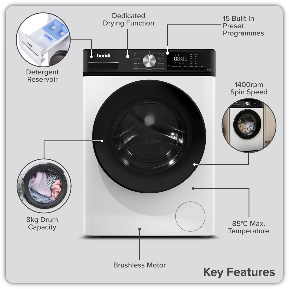Baridi 8/5kg Washer Dryer, Front Loading, 1400rpm, 15 Programmes, BLDC Motor, White/Black – DH263