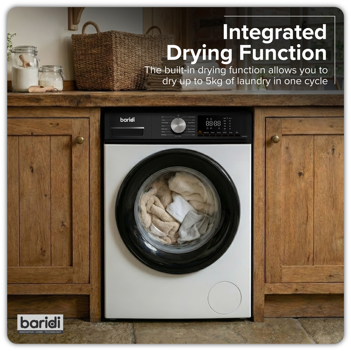 Baridi 8/5kg Washer Dryer, Front Loading, 1400rpm, 15 Programmes, BLDC Motor, White/Black – DH263