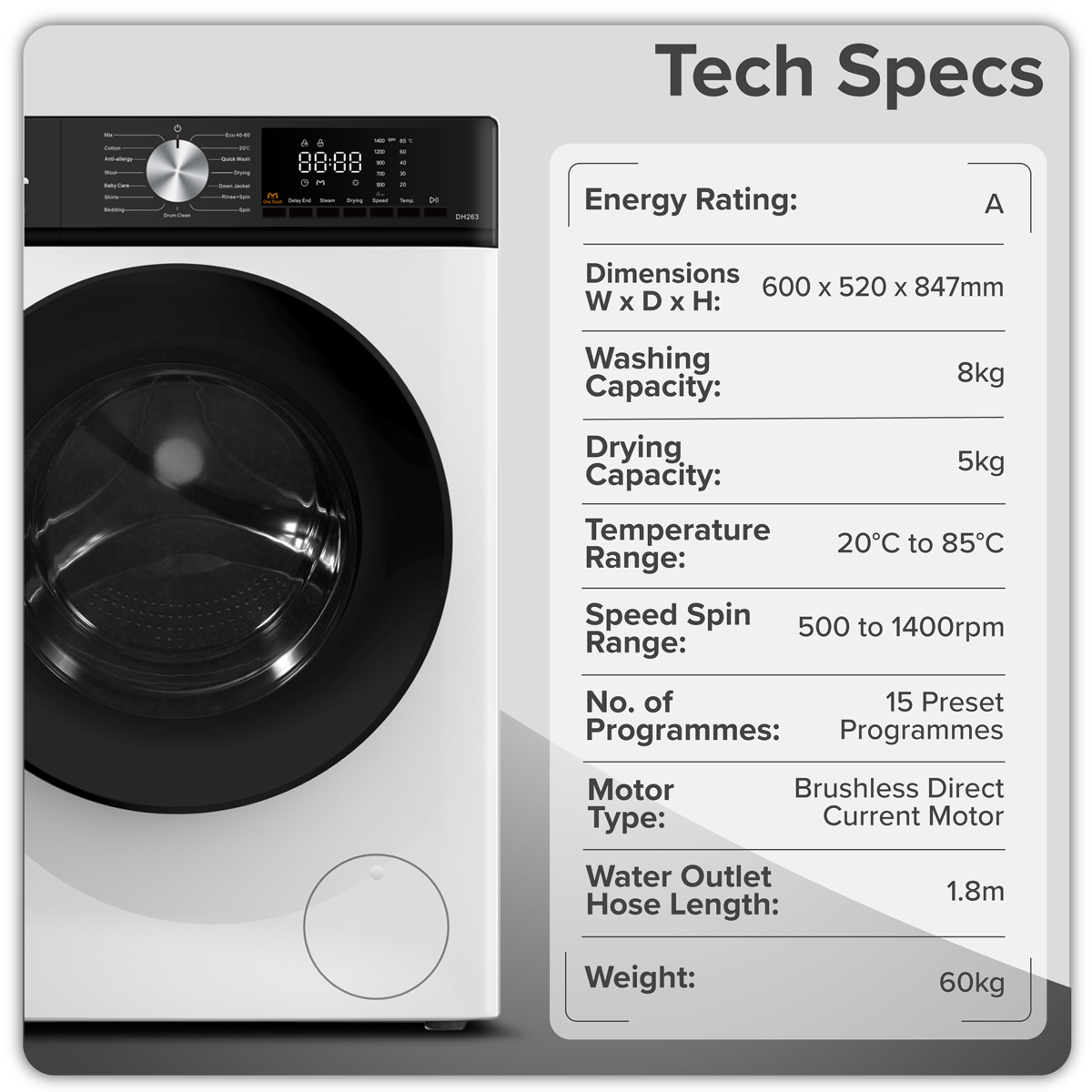 Baridi 8/5kg Washer Dryer, Front Loading, 1400rpm, 15 Programmes, BLDC Motor, White/Black – DH263