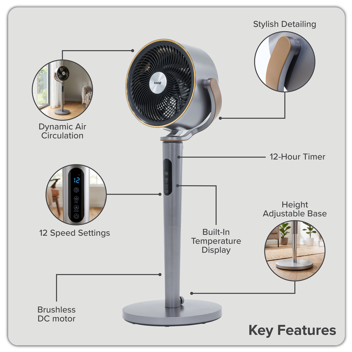 Baridi 12" Pedestal Fan with Remote Control, Back Light & 12hr Timer - Grey - DH264