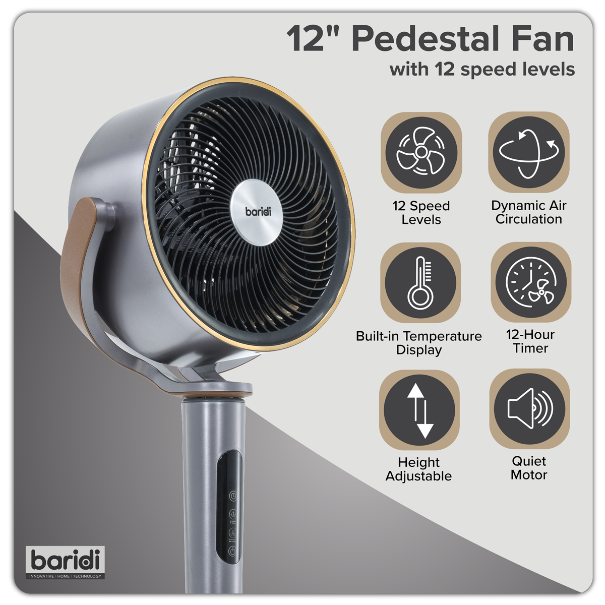 Baridi 12" Pedestal Fan with Remote Control, Back Light & 12hr Timer - Grey - DH264