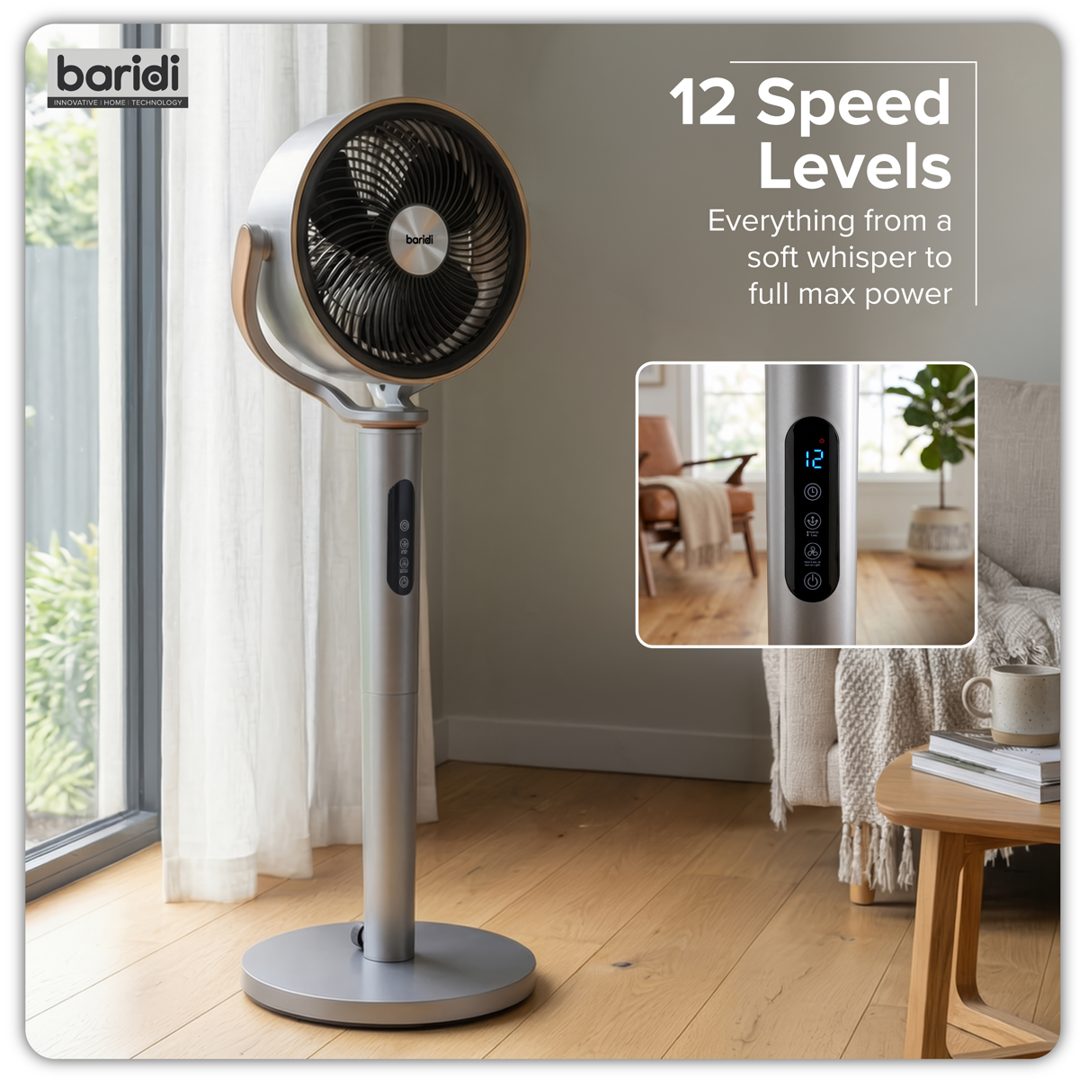 Baridi 12" Pedestal Fan with Remote Control, Back Light & 12hr Timer - Grey - DH264