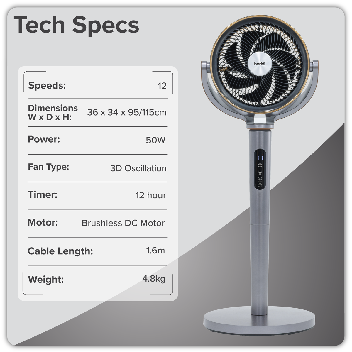 Baridi 12" Pedestal Fan with Remote Control, Back Light & 12hr Timer - Grey - DH264
