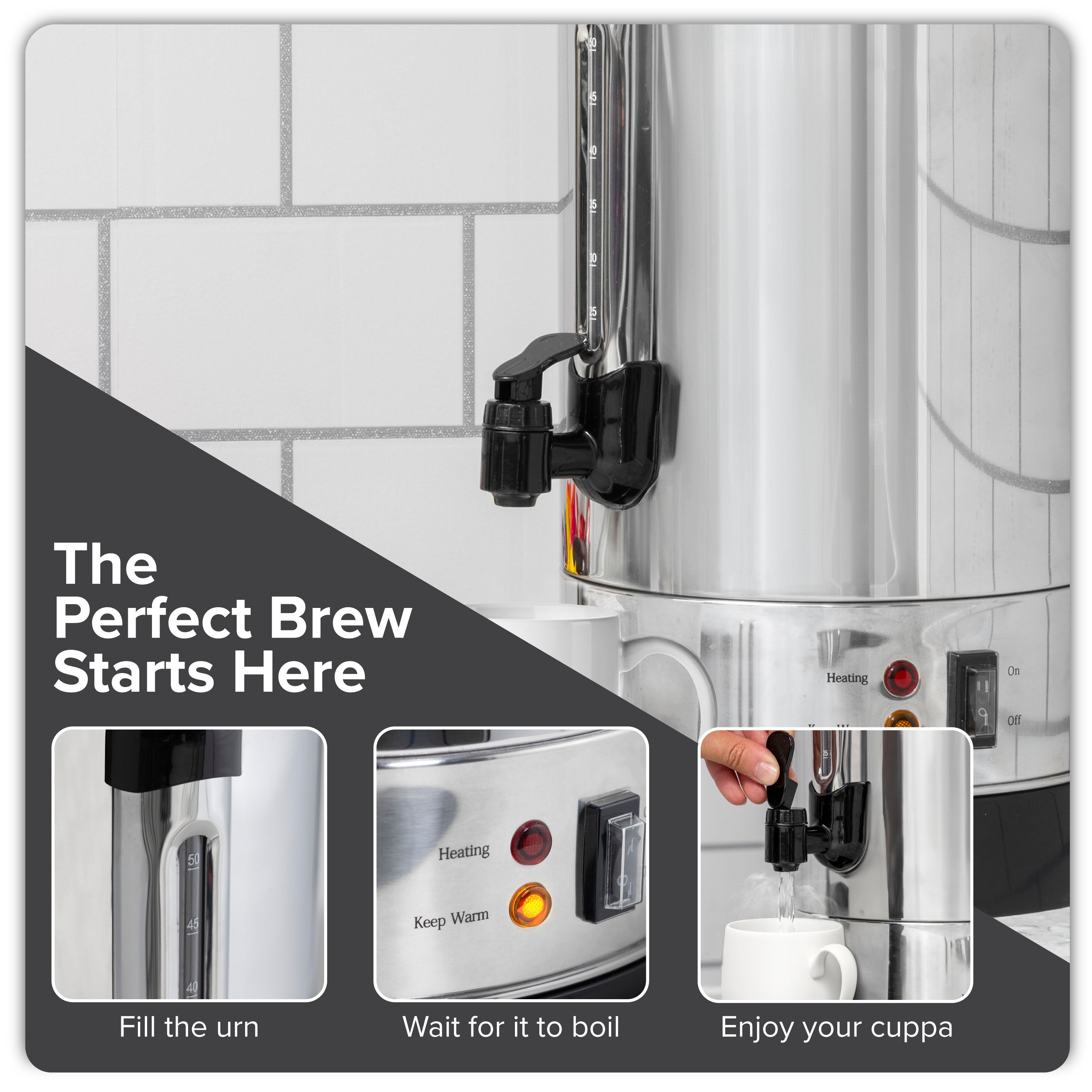 Baridi DH269 Hot Water Dispenser Action shot - infographic - steps and stages