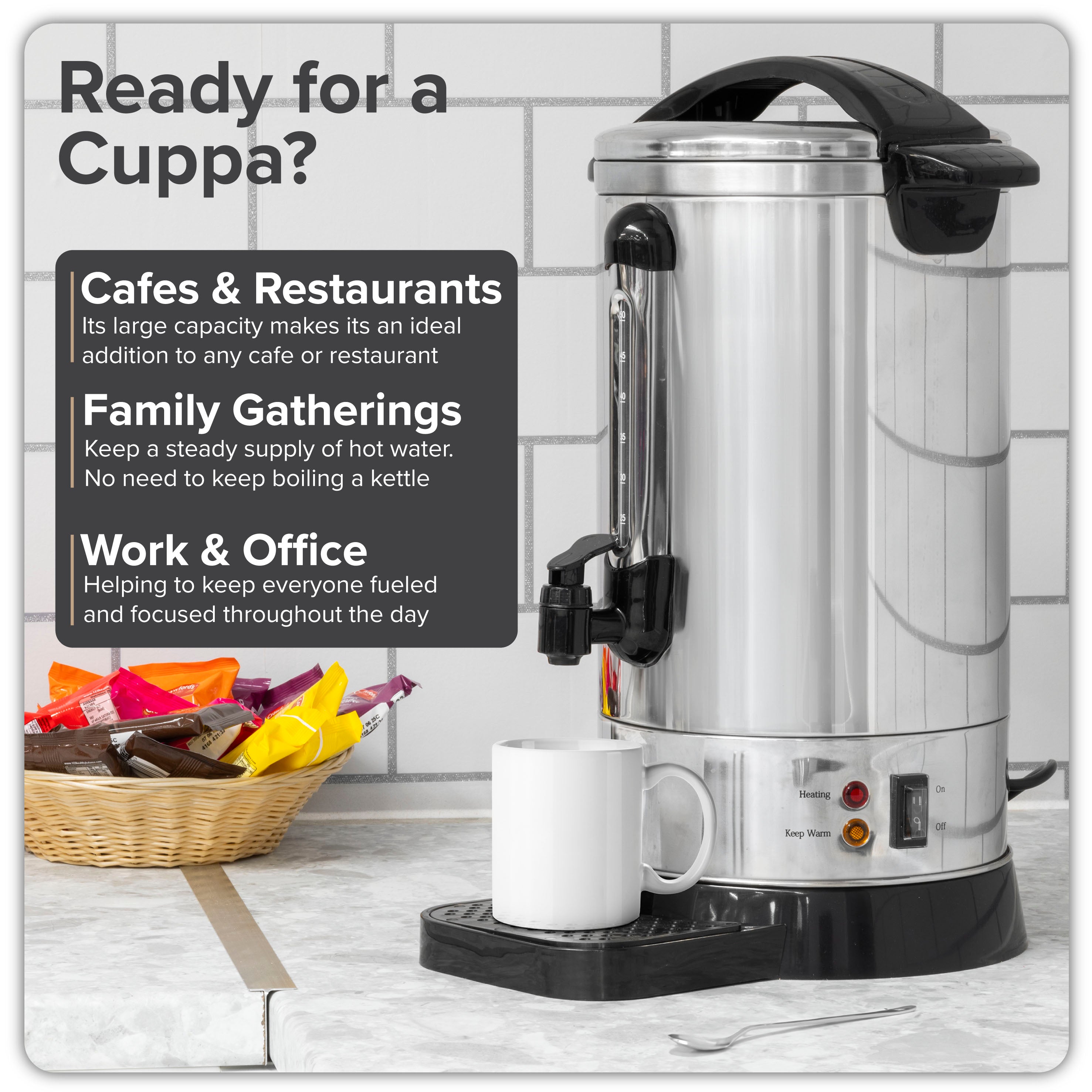 Baridi DH269 Hot Water Dispenser Action shot - infographic - uses