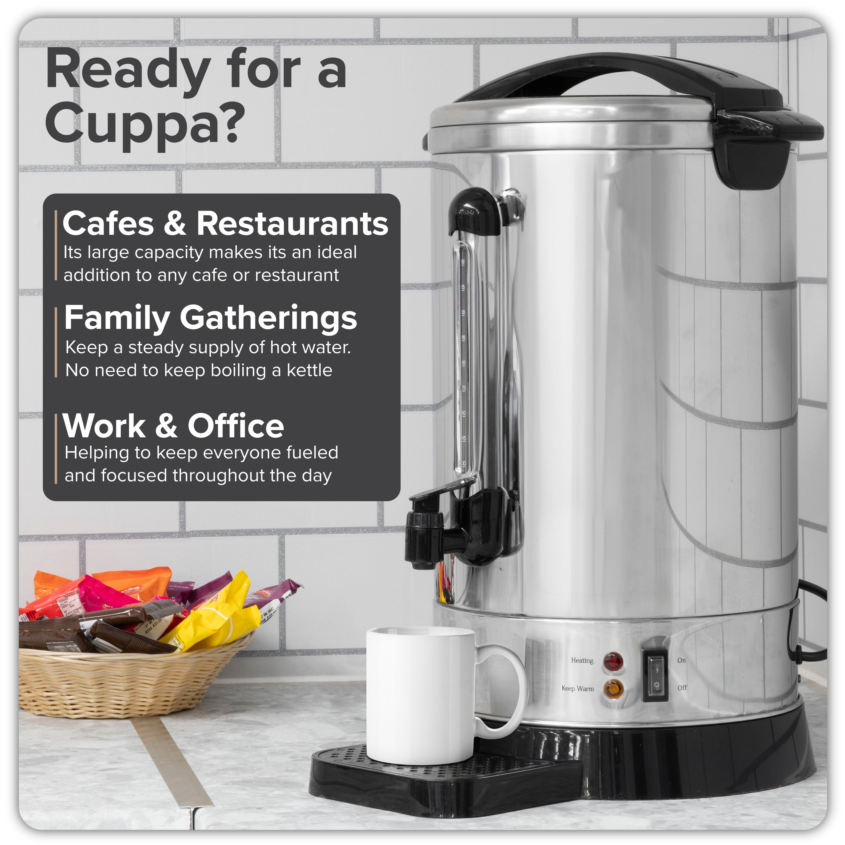 Baridi DH270 Hot Water Dispenser Action shot - infographic - uses