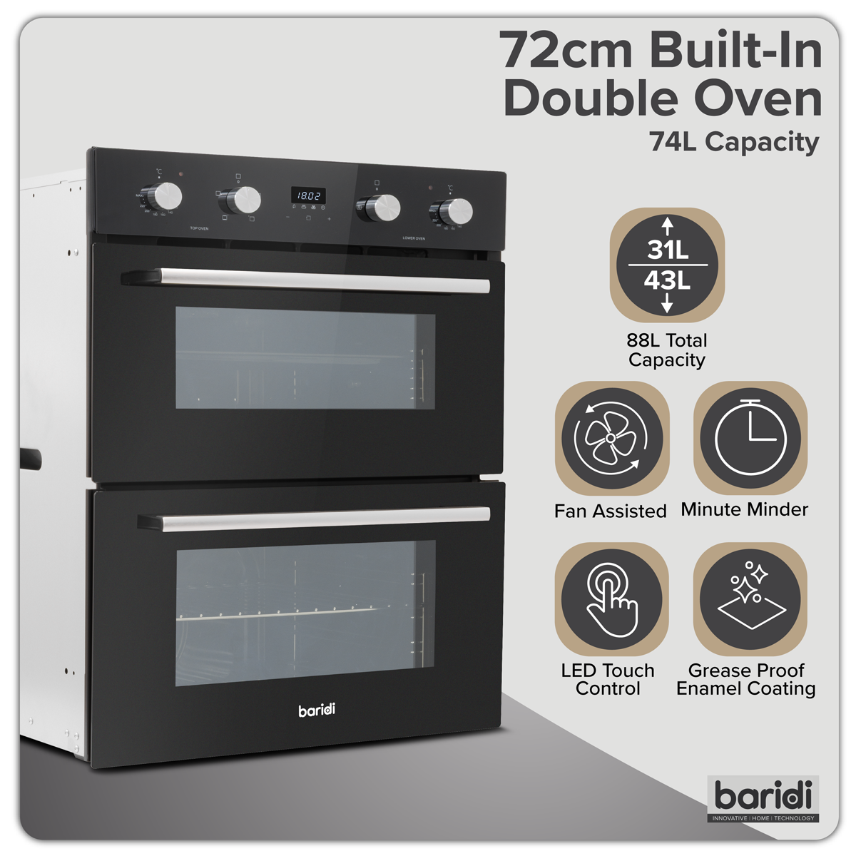 Baridi Kitchen Appliance Bundle 60cm, 72cm Built-Under Double Oven & Black Glass Gas Hob – DH449