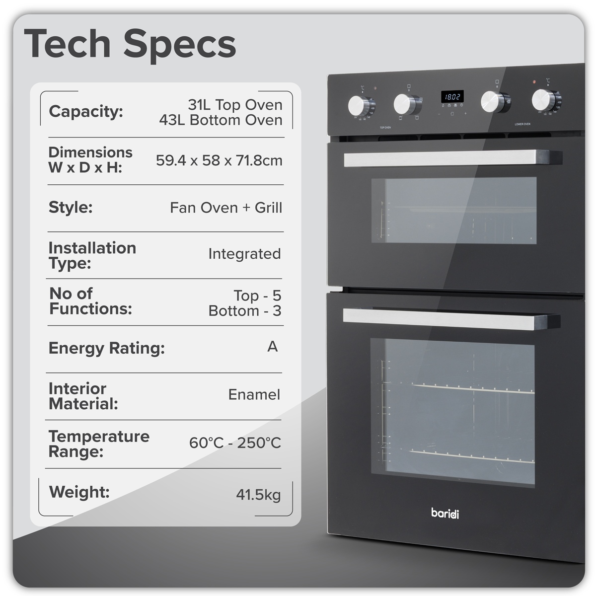 Baridi Kitchen Appliance Bundle 60cm, 72cm Built-Under Double Oven & Black Glass Gas Hob – DH449