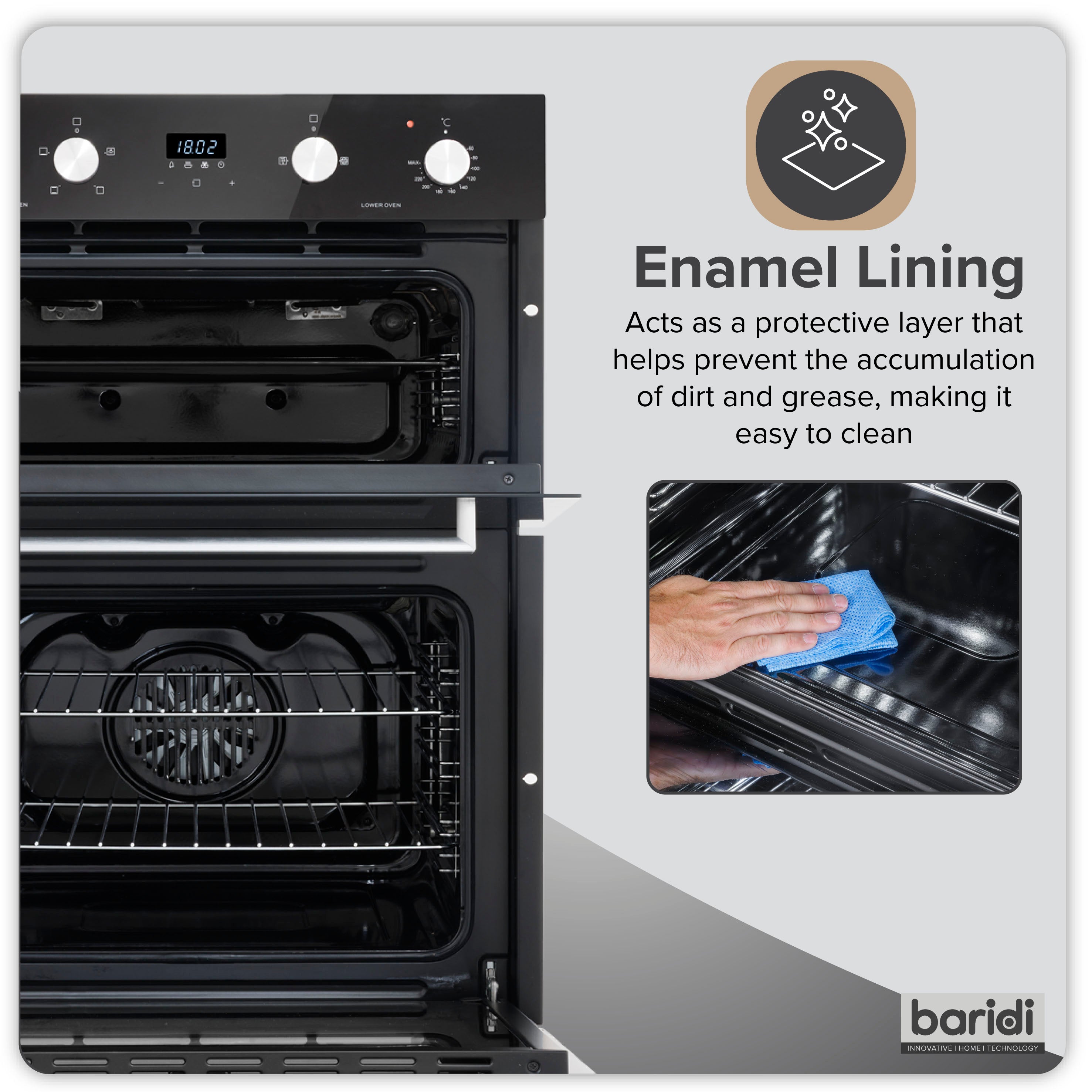 Baridi 72cm Under-Counter Double Oven, 74L Capacity, Energy Rating A, 8 Shelf Positions, Black Glass – DH278