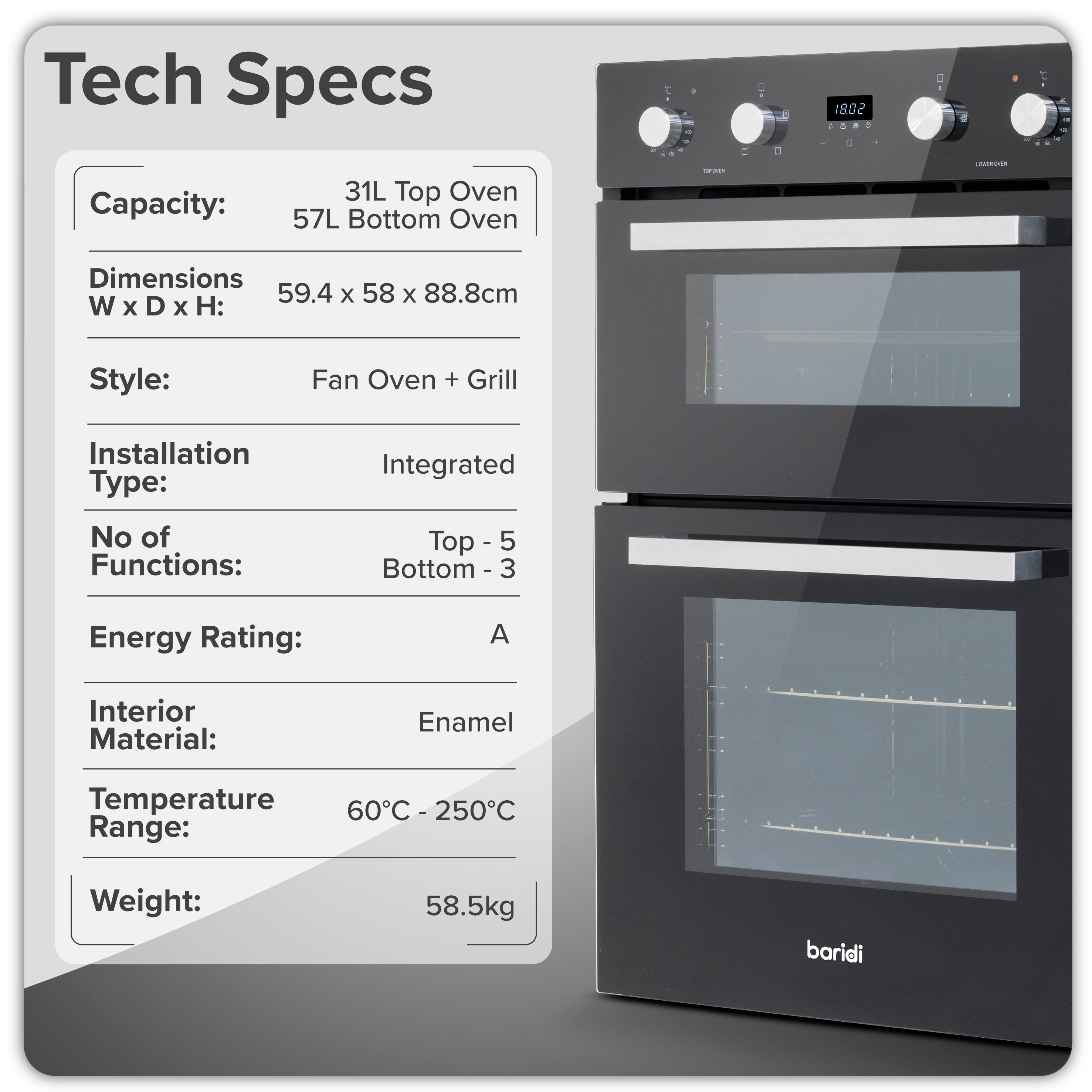 Baridi 90cm 88L Built-In Double Oven, Capacity, Energy Rating A, Black Glass – DH279