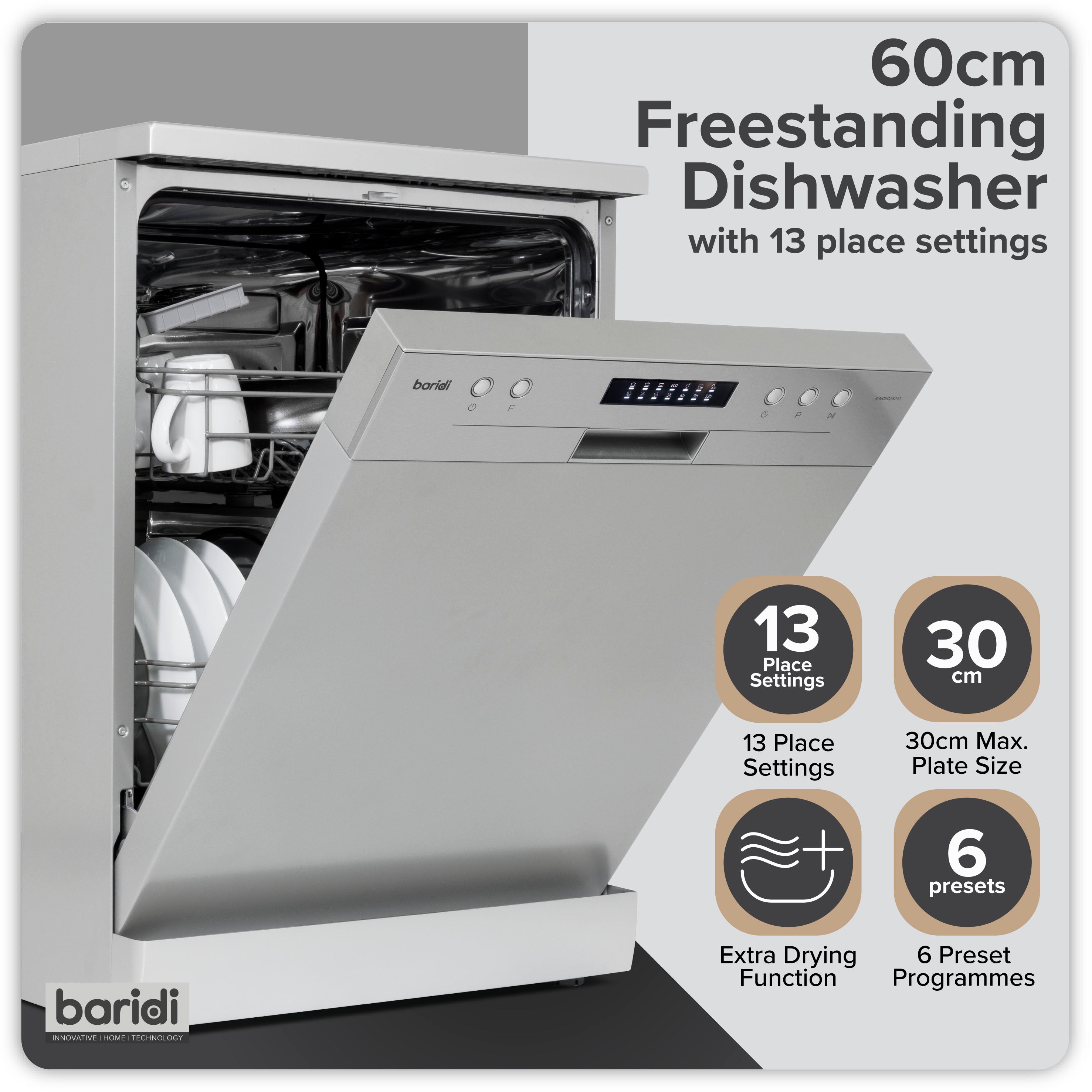 Baridi 60cm Freestanding Dishwasher, 13 Place Settings, 6 Programs, Silver - DH280