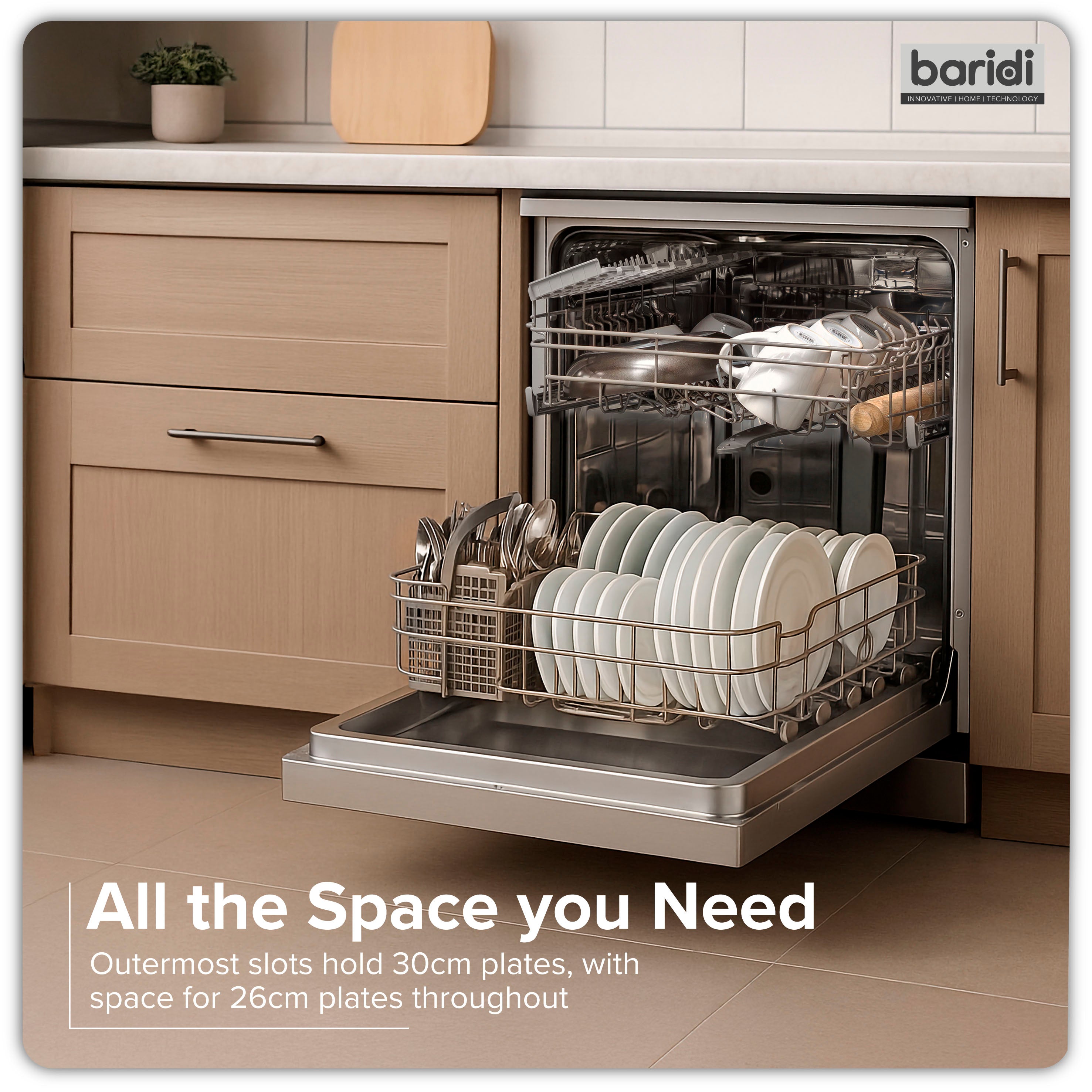 Baridi 60cm Freestanding Dishwasher, 13 Place Settings, 6 Programs, Silver - DH280