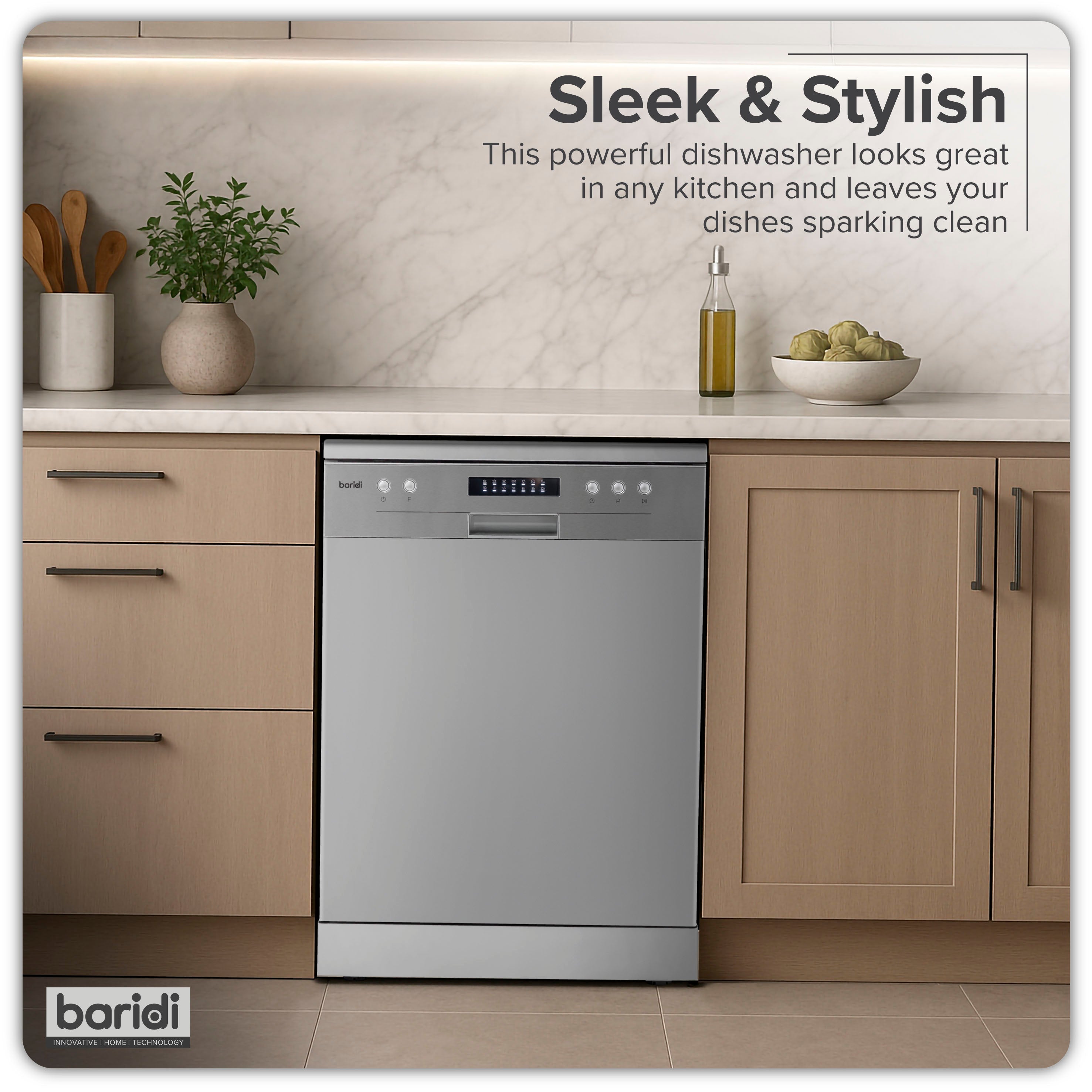 Baridi 60cm Freestanding Dishwasher, 13 Place Settings, 6 Programs, Silver - DH280